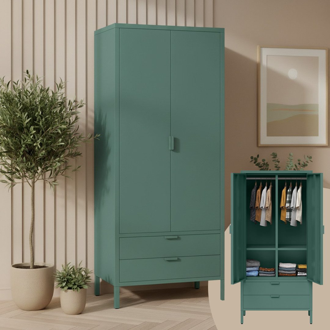 skølm Kleiderschrank Ituri aus Metall (Dunkelgrün) Schrank mit 6 Fächern, 2 Schubladen & 2 Kleiderstangen, 170x80x45 cm