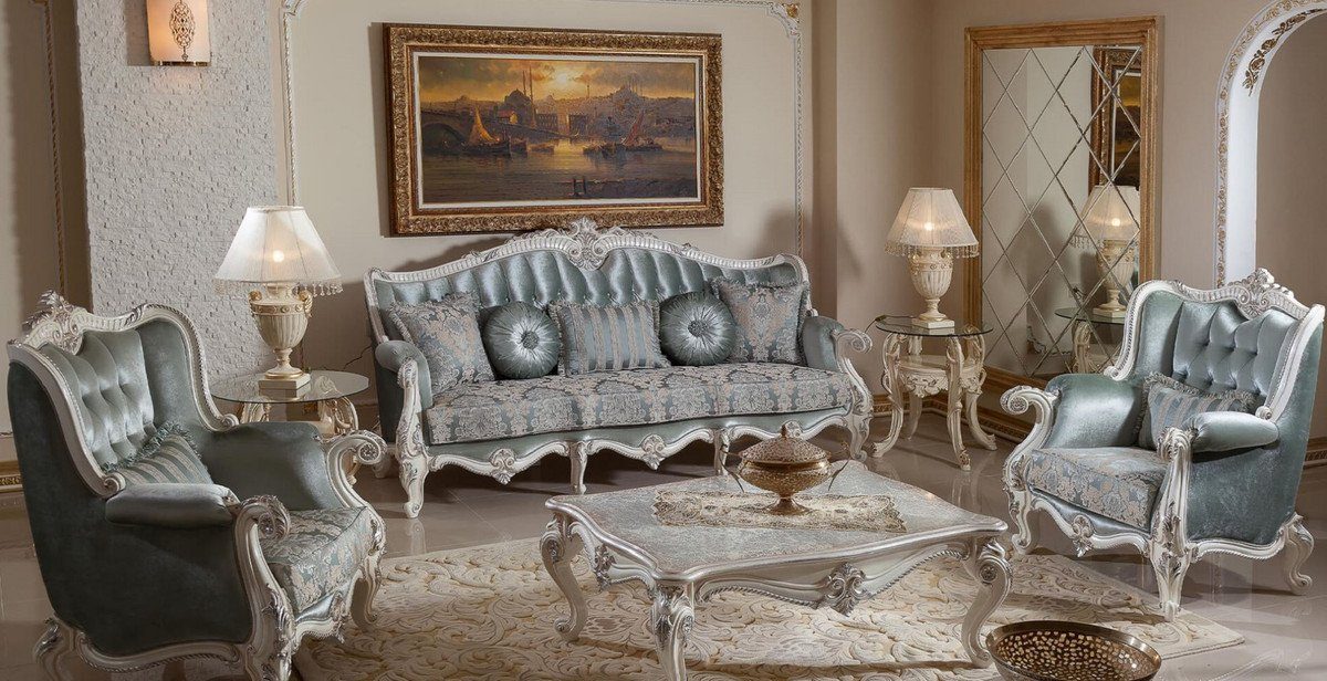 Sofa elegantem Möbel Casa Edel Casa Silber Weiß im Padrino Muster Barock / Prunkvolles Beige Grün / Barockstil - Wohnzimmer Padrino - Prunkvoll mit Sofa Möbel - & Sofa Barock Luxus - Luxus Wohnzimmer /