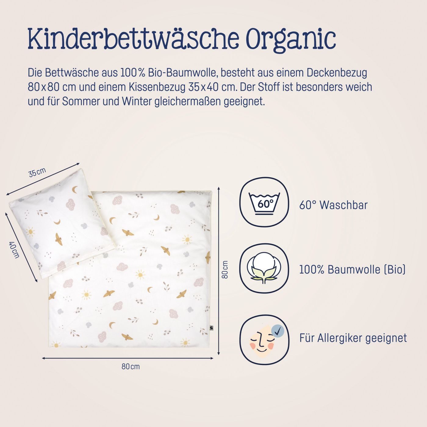 Julius Zöllner Babybettwäsche Night & Day Bettwäsche Organic 80x80+35x40, 2 teilig, Baby bettwäsche