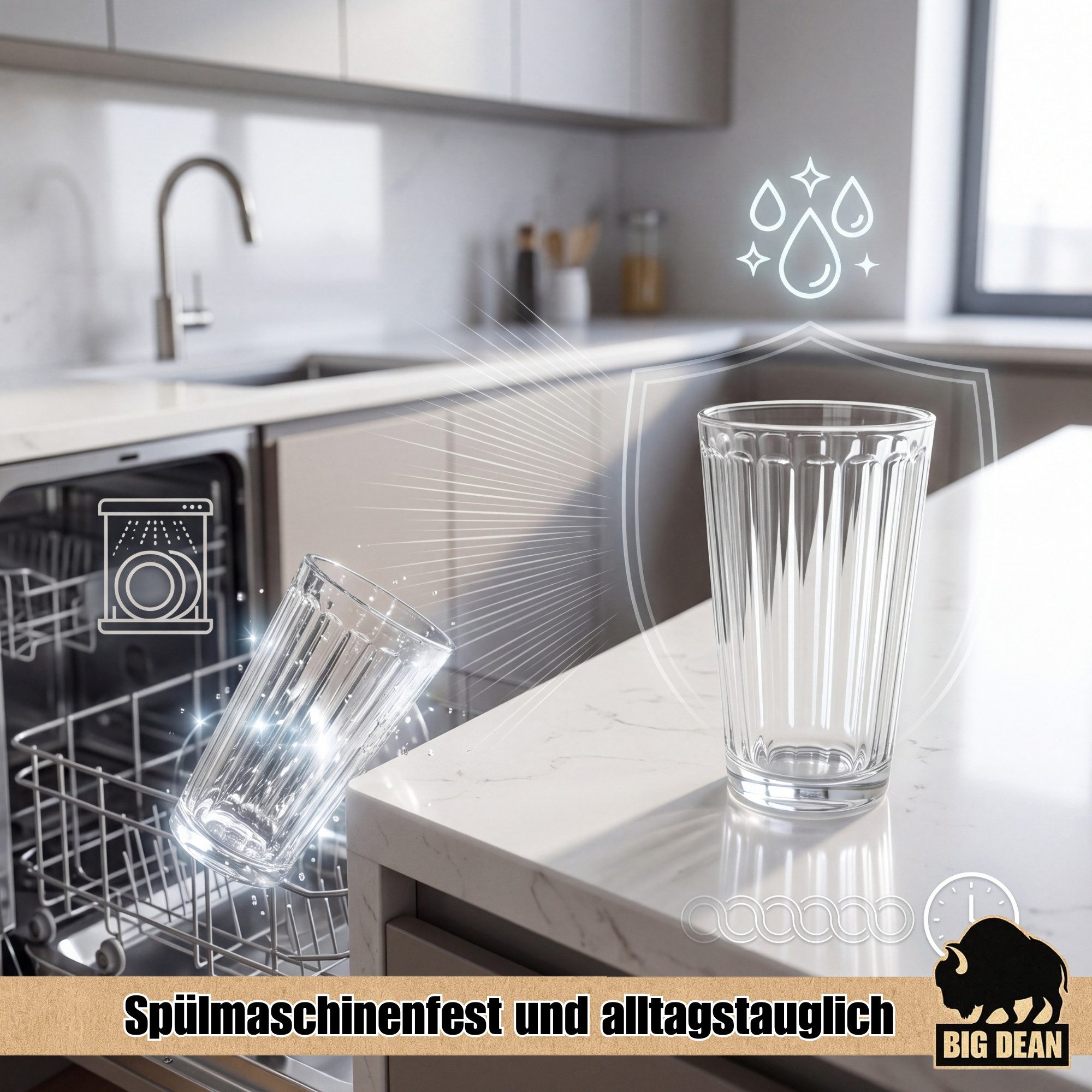 BigDean Longdrinkglas 6x Wassergläser 410ml - Ideal als Gin-, Longdrink- & Saftgläser, 6-tlg., Glas, Moderne Riffeloptik, einzigartige Haptik, Spülmaschinenfest – Bild 4 von 5