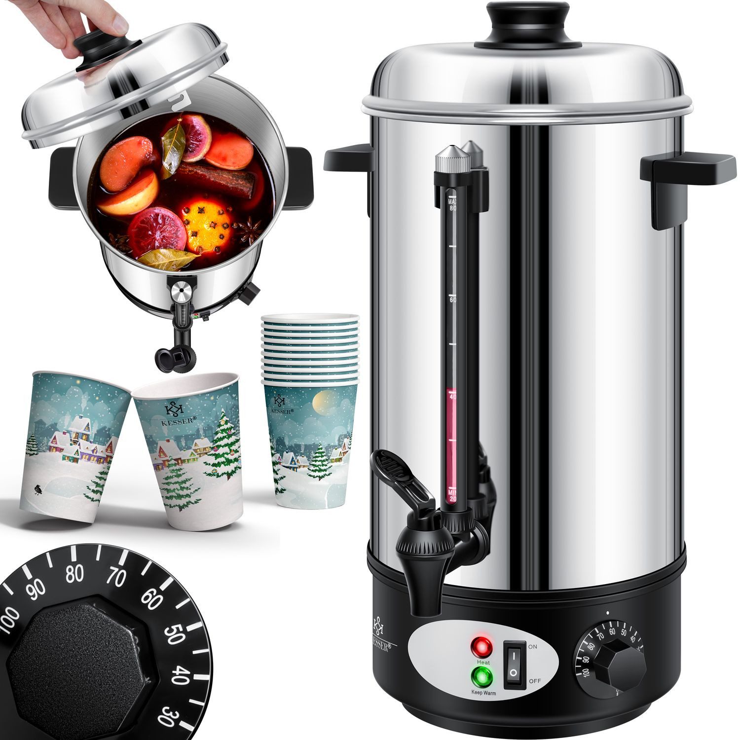 KESSER Heißgetränke- und Glühweinautomat, 1800 W, Glühweinkessel Edelstahl Glühweinkocher Glühweinautomat