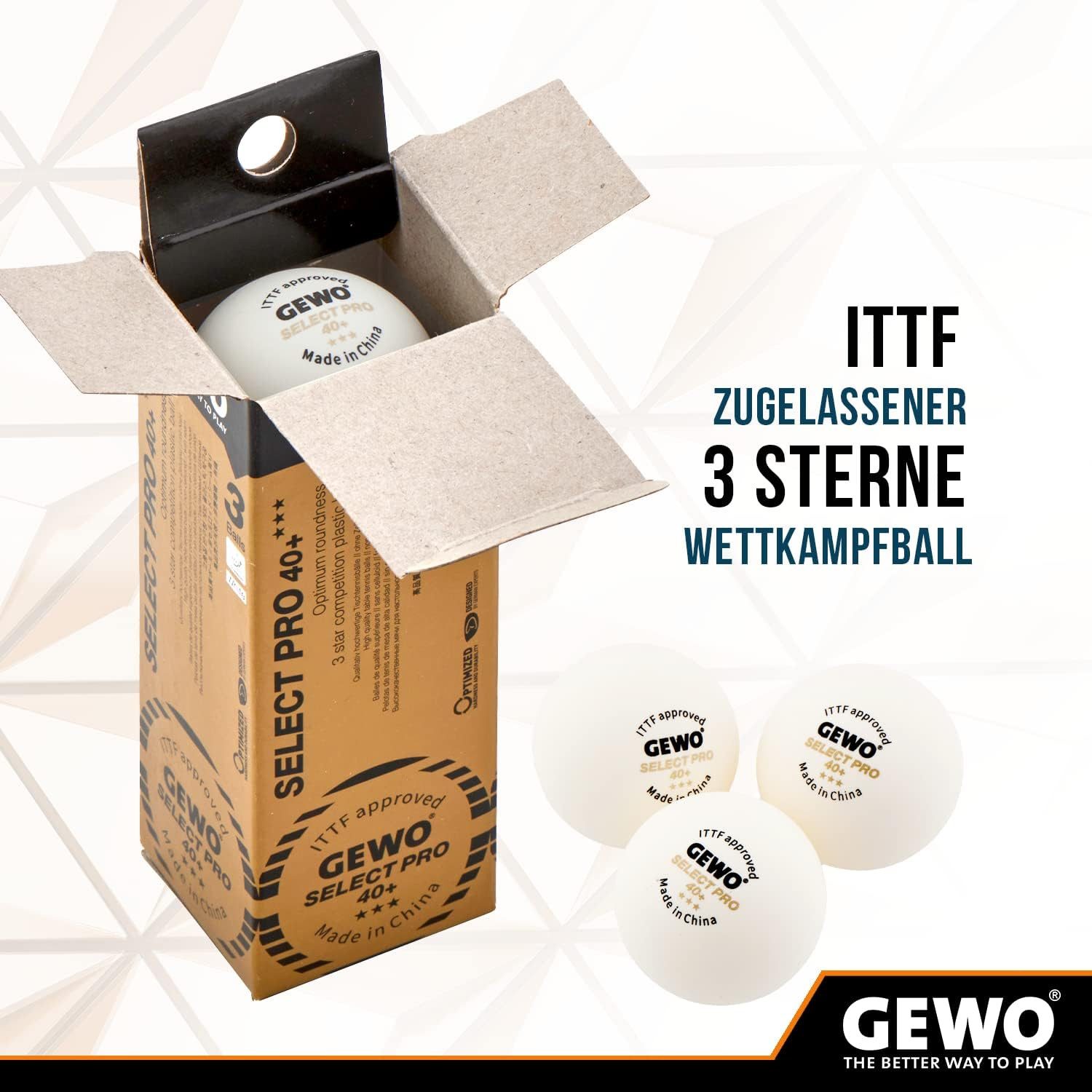 Gewo Tischtennisball 3 St., ITTF Select Pro Wettkampf Bälle, 3 Sterne, mit Naht, weiß (3-St)