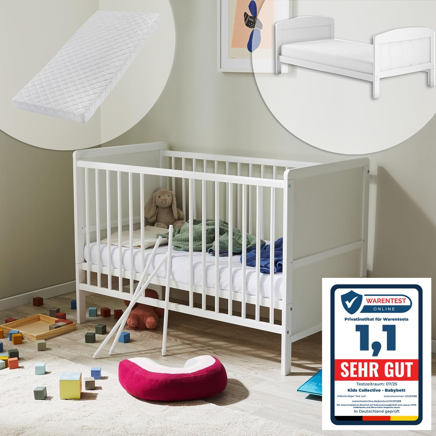 Kids Collective Babybett umbaubar zu Kinderbett 60x120 cm mit Matratze und Lattenrost, Raufallschutz Vollholz 120 x 60, weiss sehr stabil Made in Europe
