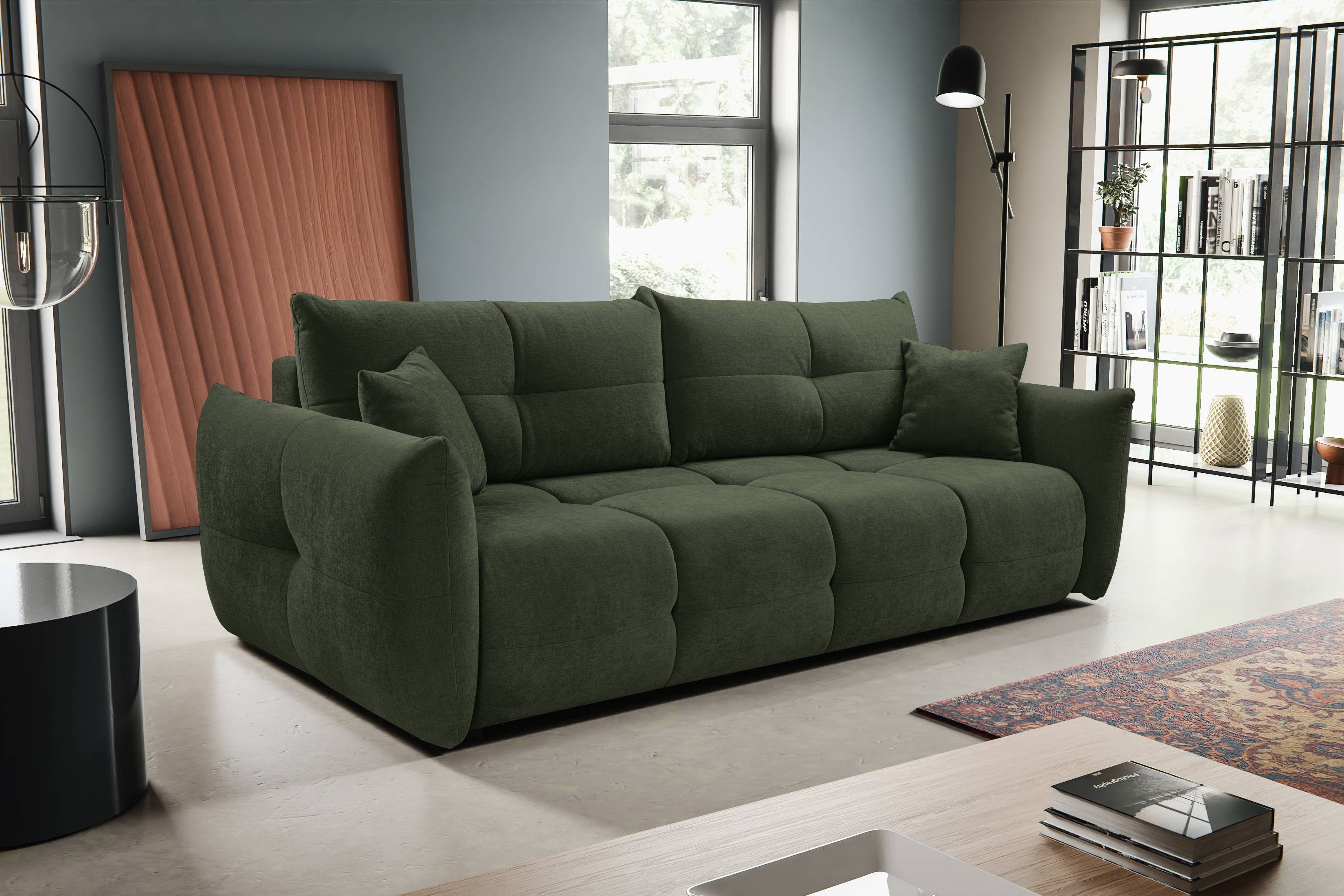 Goldstoff Sofa Beige 3 Sitzer mit Schlaffunktion und Bettkasten, Design Schlafsofa 245 cm mit Ausziehfunktion und Stauraum, Premium Couch 3 Sitzer mit Bettfunktion und Stauraum Modern