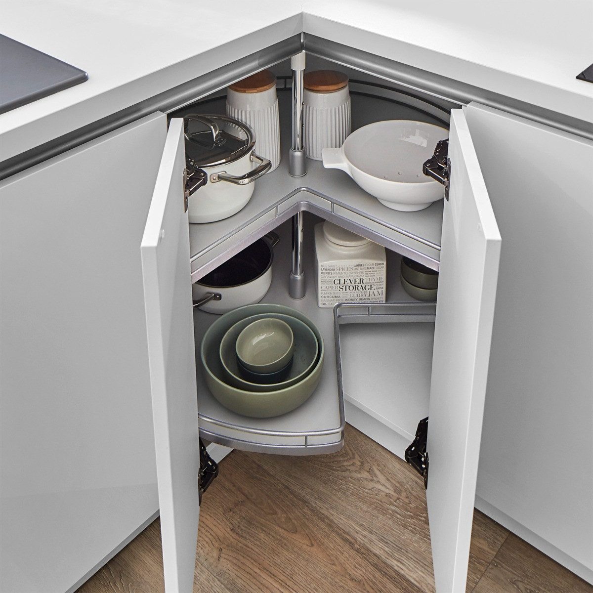 Kesseböhmer Auszugsboden Dreiviertelkreis Drehbeschlag Eckschrank für Töpfe, Pfannen, für Eck-Unterschränke mit 80 cm Korpusbreite