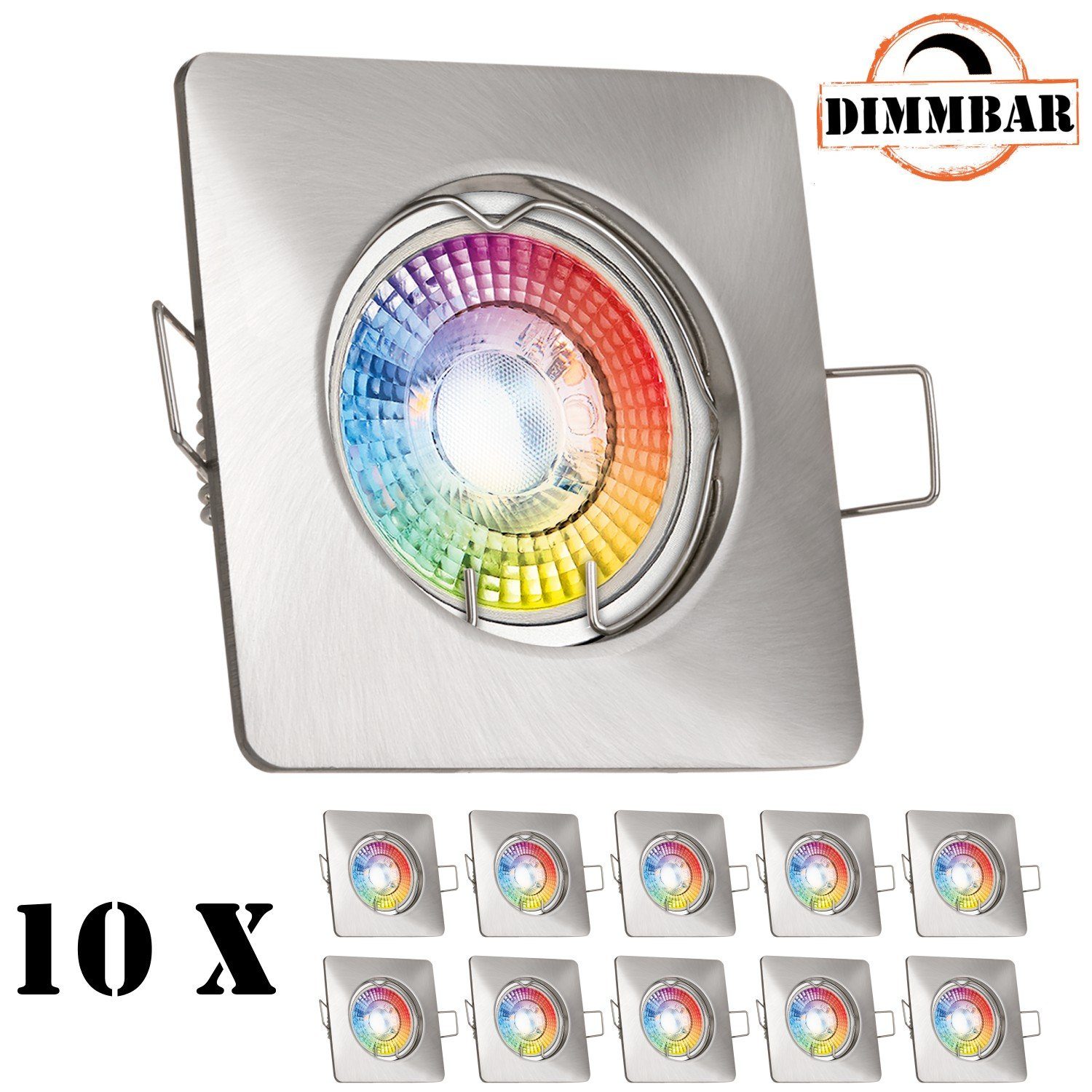 LEDANDO LED Einbaustrahler 10er RGB LED Einbaustrahler Set extra flach in silber gebürstet mit 3W