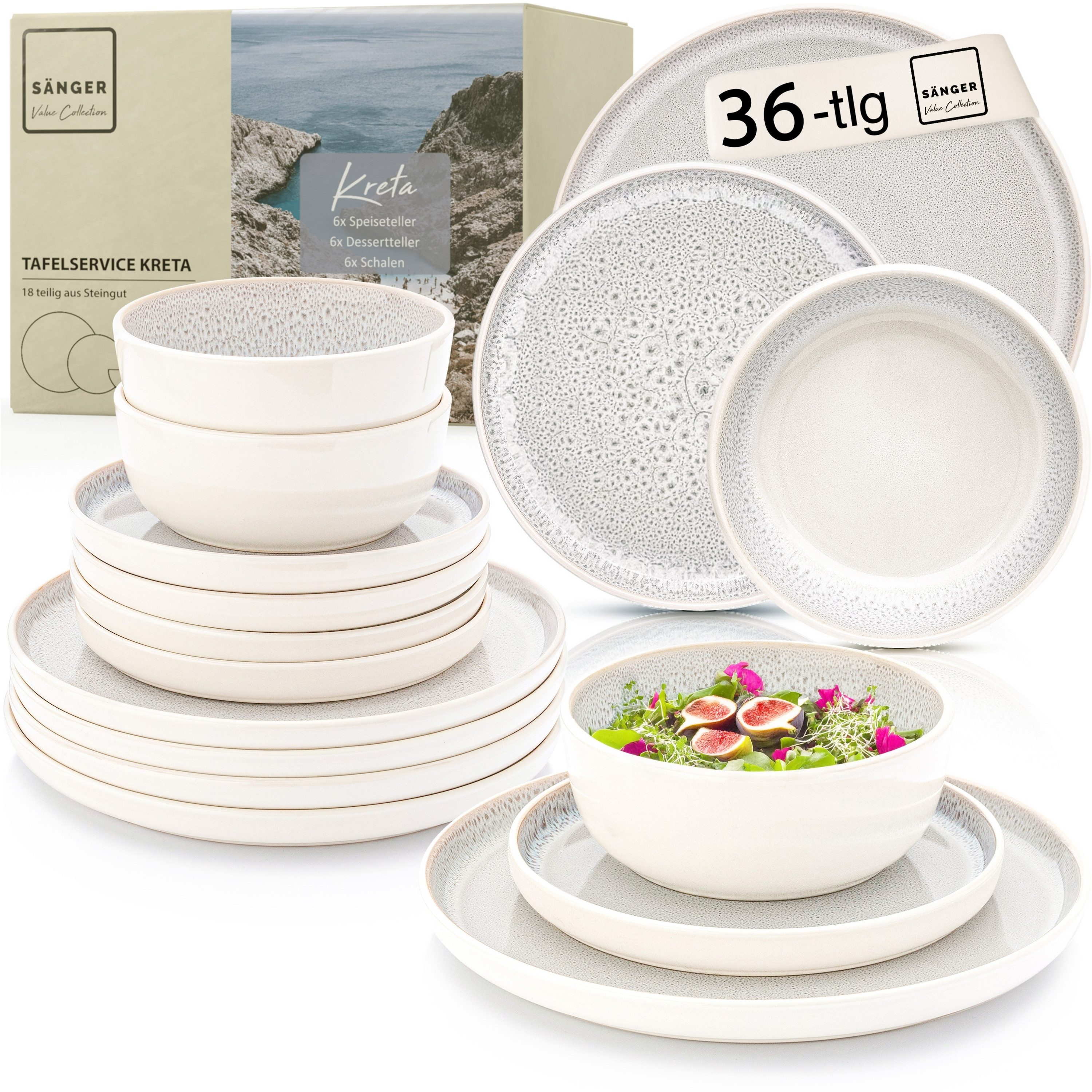 SÄNGER Tafelservice Kreta Geschirrset (36-tlg), 12 Personen, Steingut, Creme-Blau, Handmade, Erweiterbar, VALUE COLLECTION