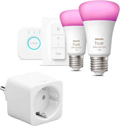 Philips Hue »White&Color« LED-Leuchtmittel, E27, Farbwechsler, Starter-Set Lieferumfang: Philips Hue Smart Plug, Hue Bridge, Ethernet-Netzwerkkabel, 2 x Hue Lampen E27, Hue Dimmschalter, Netzteil