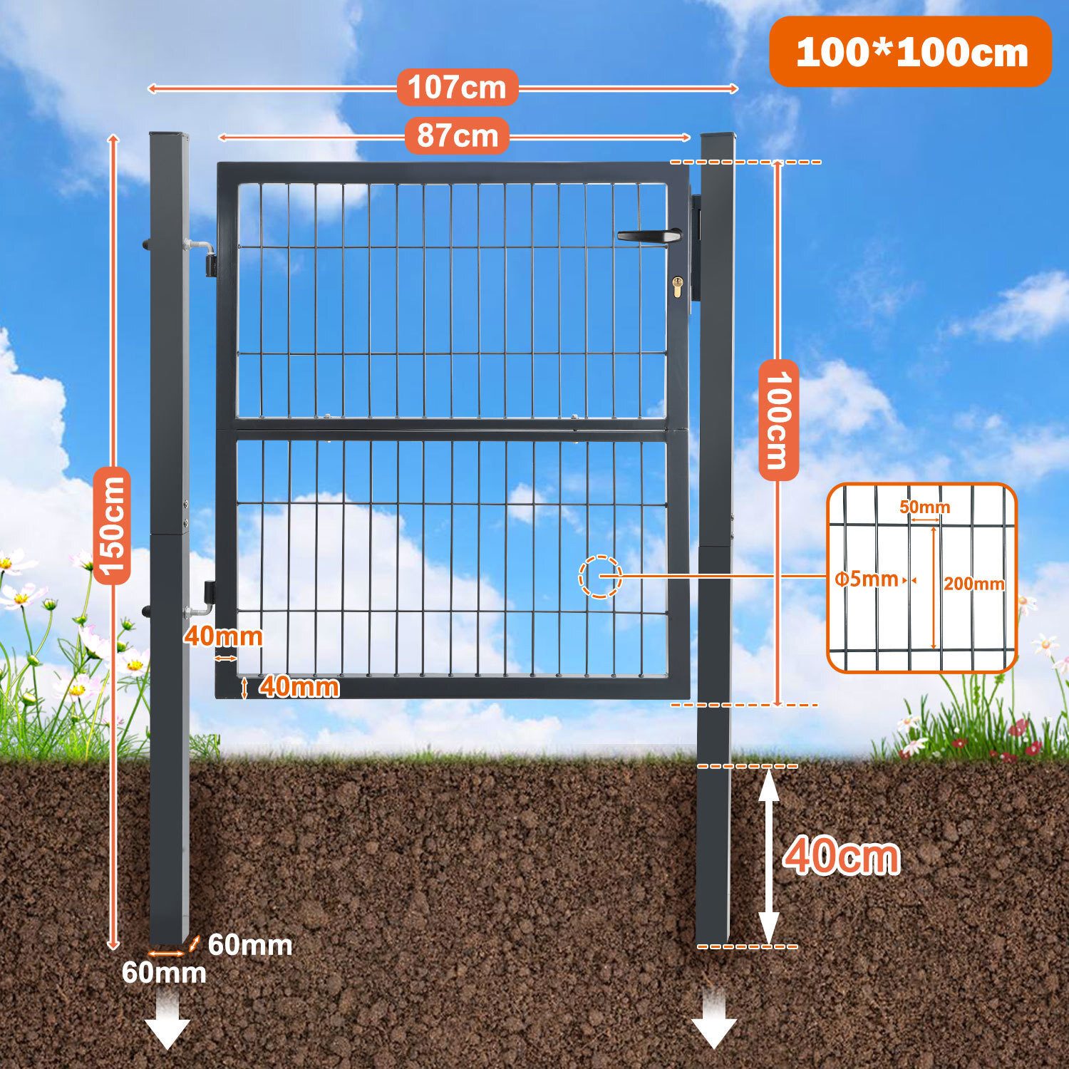 Clanmacy Gartentor Gartentür Gartentor Zauntür Zauntor Gartenpforte Zauntür Gartenzaun, mit Schloss, Türklinke und Schlüssel – Bild 2 von 5
