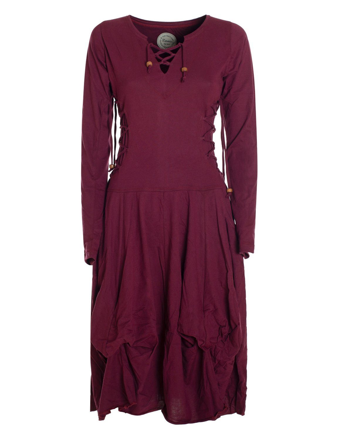 Midikleid Langes Langarm Bio Ballonkleid einfarbig mit Schnürung V-Ausschnitt
