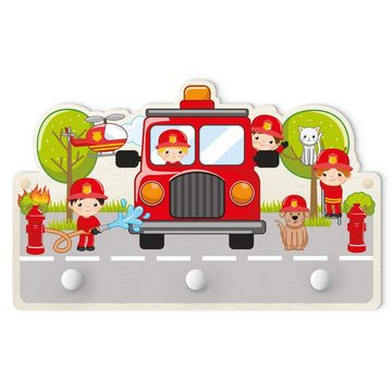 Bilderdepot24 Garderobenpaneel rot Feuerwehrauto Feuerwehr im Einsatz (Kindergarderobe Holz Kleiderhaken für die Wand inkl. Montagematerial), moderne Wand Garderobenleiste Flur - kleine Hakenleiste Kinderzimmer