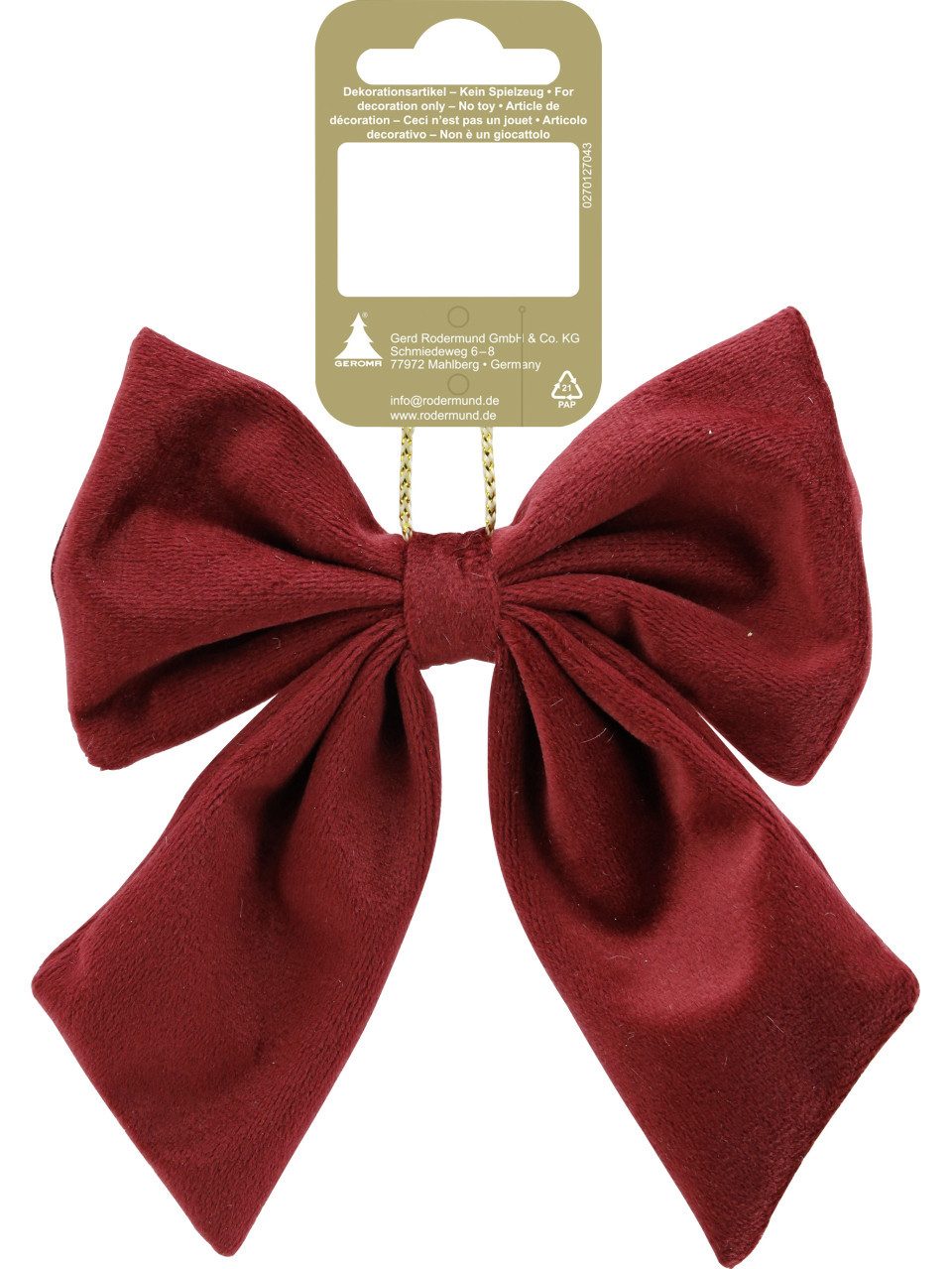 Rodermund Christbaumschmuck Weihnachtsanhänger Schleife aus Stoff 16 x 15 cm