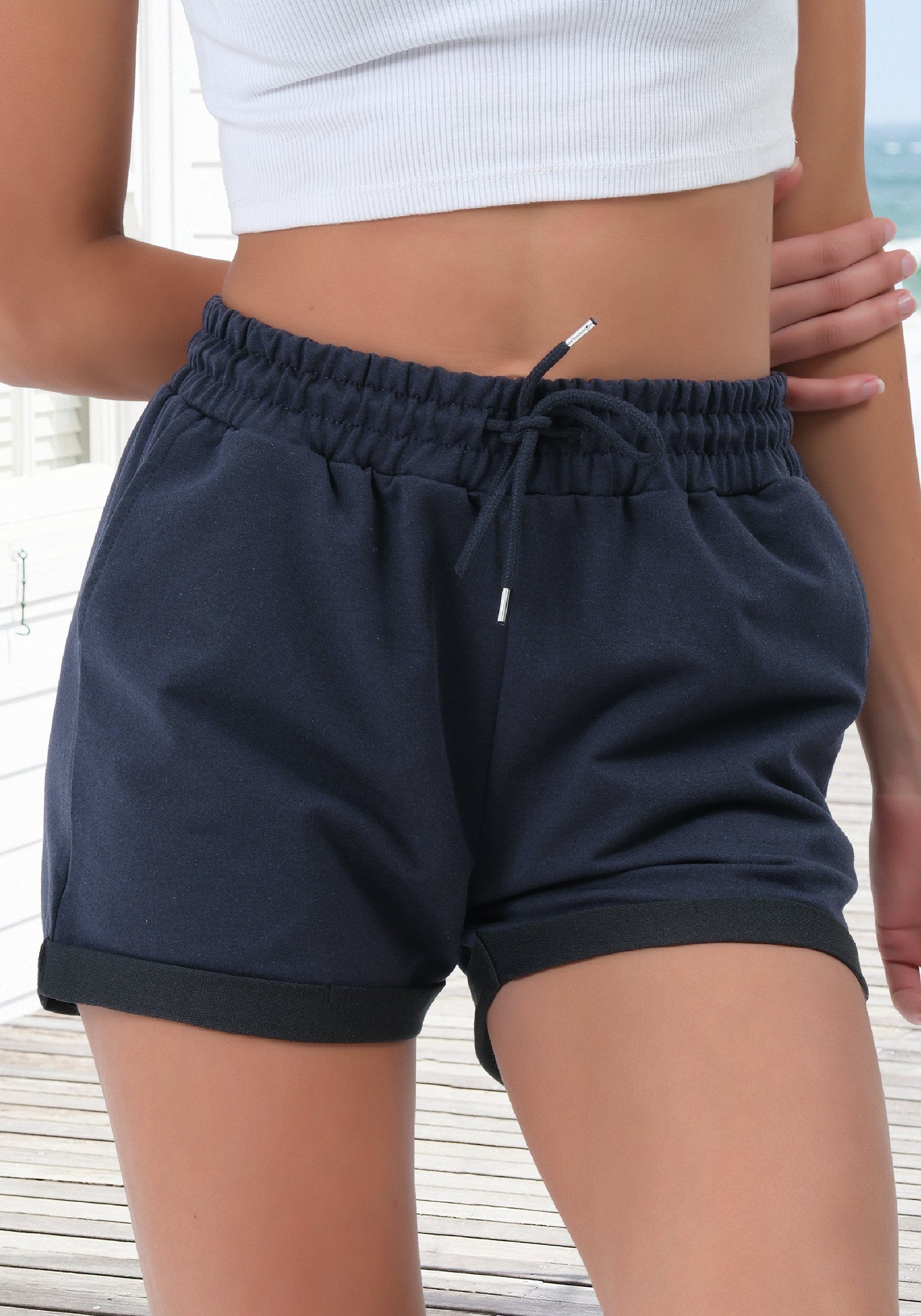 Smith & Solo Sweatshorts Kurze Hose Damen Shorts (1-tlg) Lycra, Baumwolle, umschlagene Beinsaum Navy