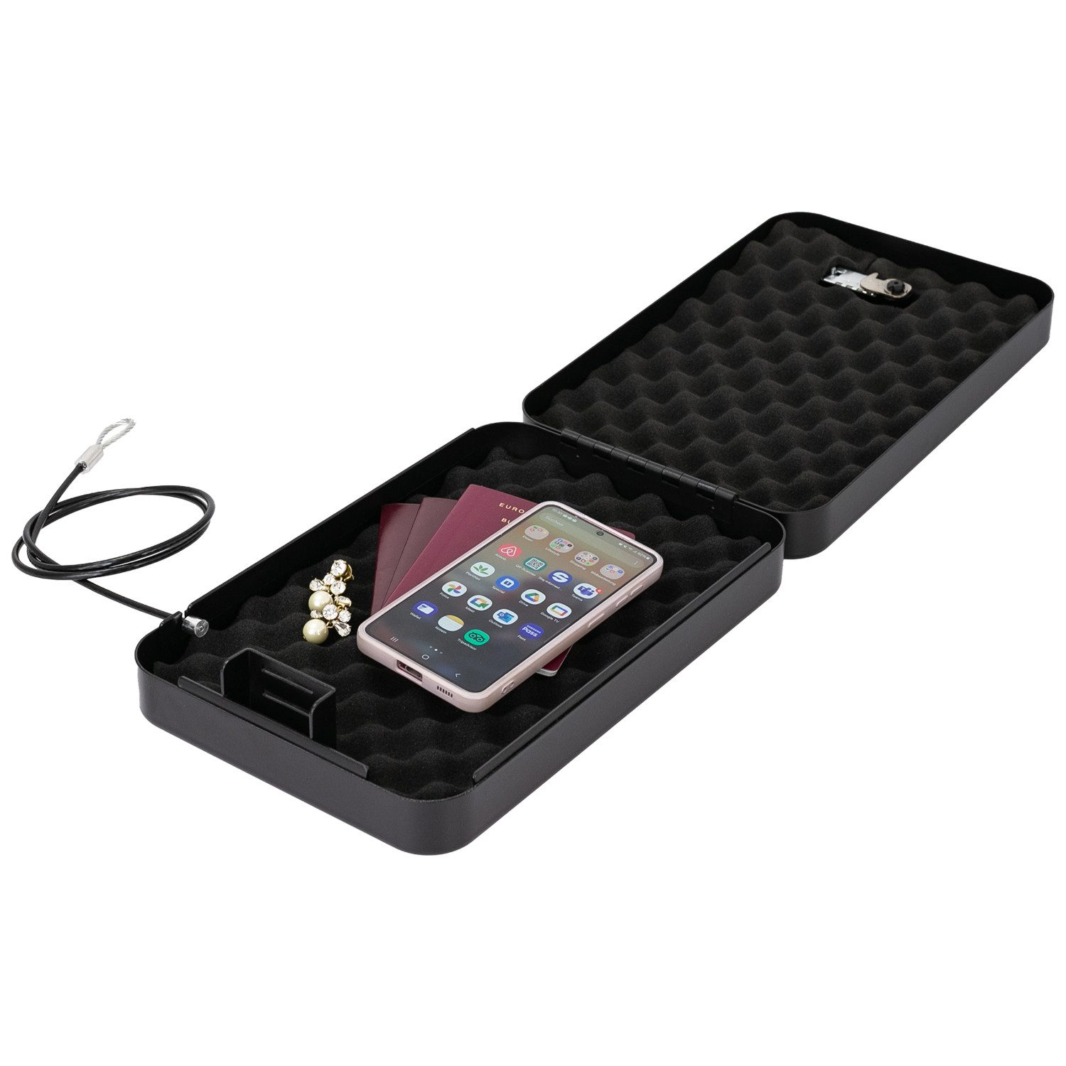 HMF Autotresor tragbarer Autosafe mit Sicherungskabel, Sicherheitsbox mit Zahlenschloss, 29 x 19 x 6,5 cm, Reisesafe schwarz – Bild 4 von 5