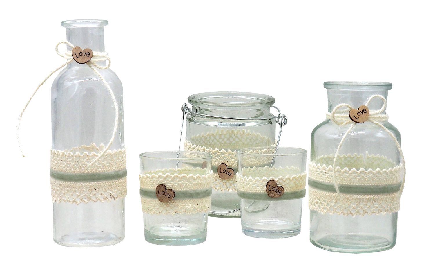 Tischvase Vasen Windlicht Teelicht Hochzeit Vintage Spitze Salbei Deko SET