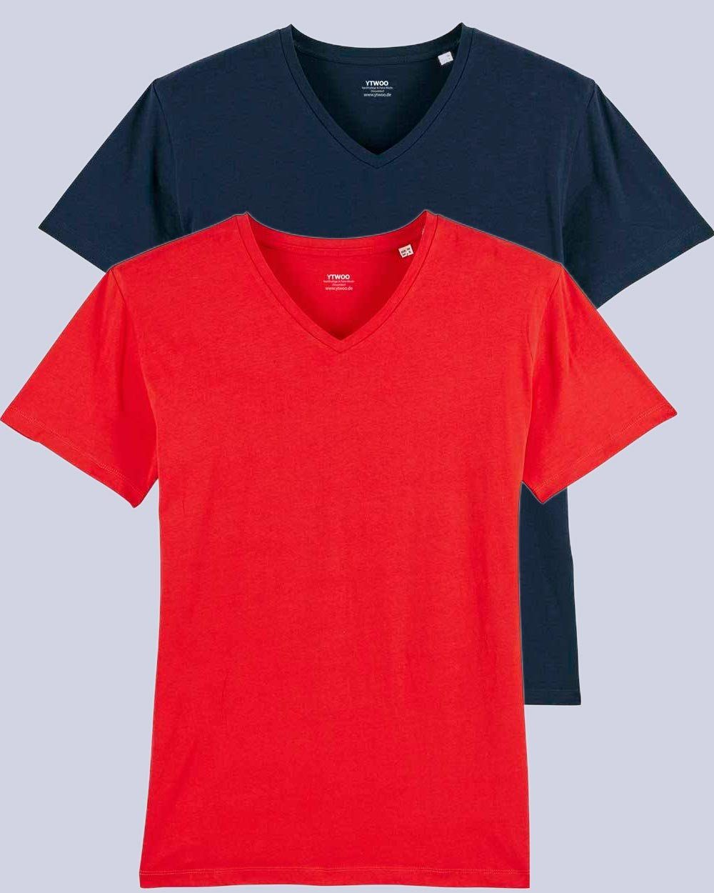 YTWOO T-Shirt 2er Pack V T-Shirt für Männer, Fair & Nachhaltig (Spar-Set, 2er Set) Navy/Rot