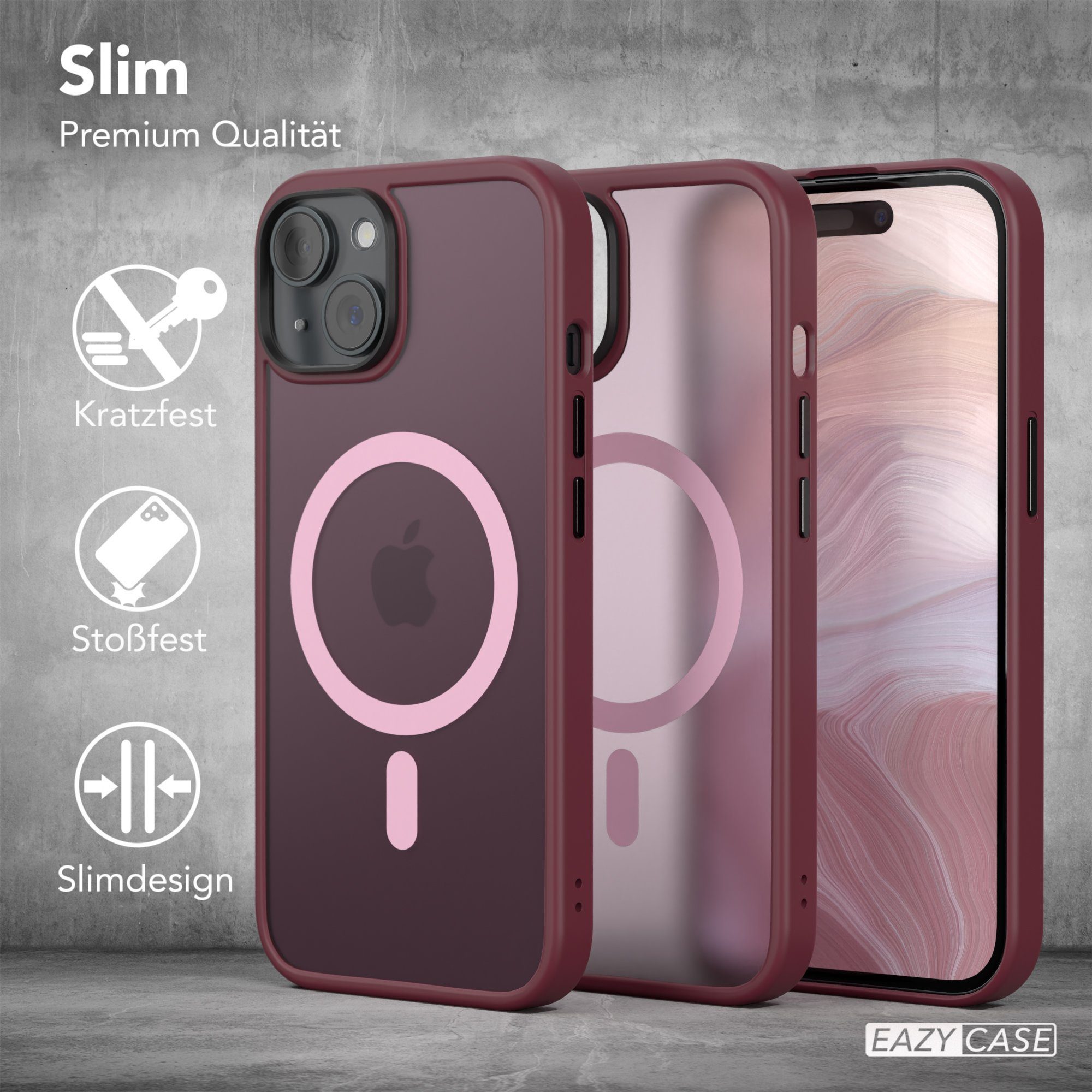 EAZY CASE Handyhülle Outdoor Case MagSafe Matt für Apple iPhone 15 6,1 Zoll, Handyhülle stoßfest Smart Case anti-kratz Outdoorcase Beere Bordeaux