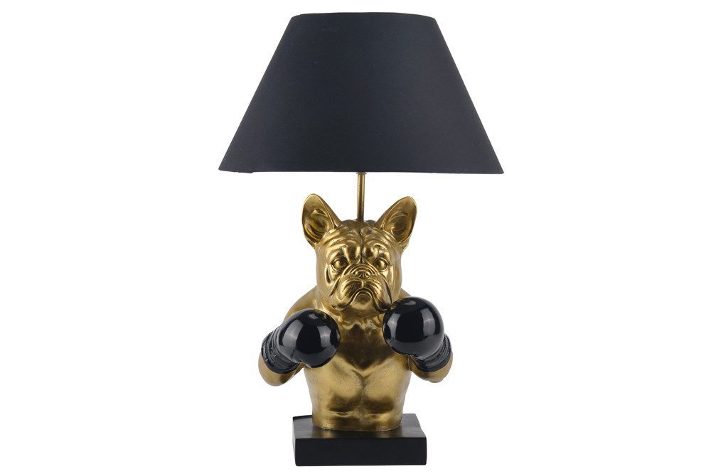 riess-ambiente Tischleuchte BULLDOG 55cm schwarz/gold - Stoffschirm, Hunde-Skulptur, Boxer, Unikat, Ein-/Ausschalter, ohne Leuchtmittel, Extravagante Tierleuchte - ideal für Sideboard, Nachttisch od. Kommode