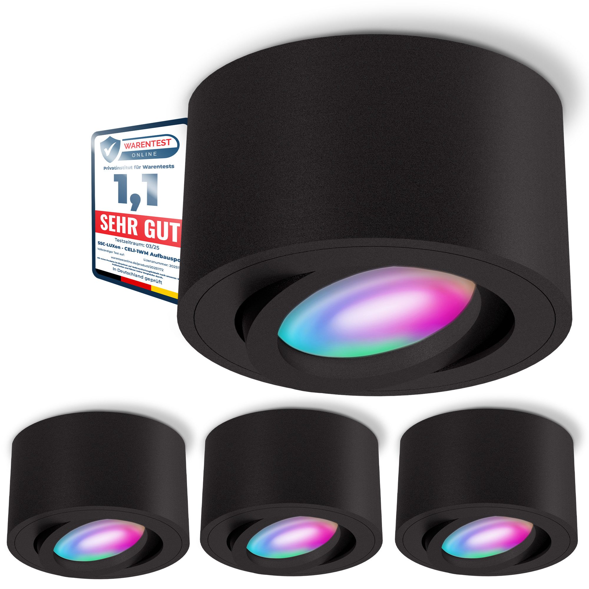 SSC-LUXon LED Aufbaustrahler CELI-1BM Aufbauspot schwarz flach schwenkbar mit LED RGB WiFi, Warmweiß bis Tageslicht