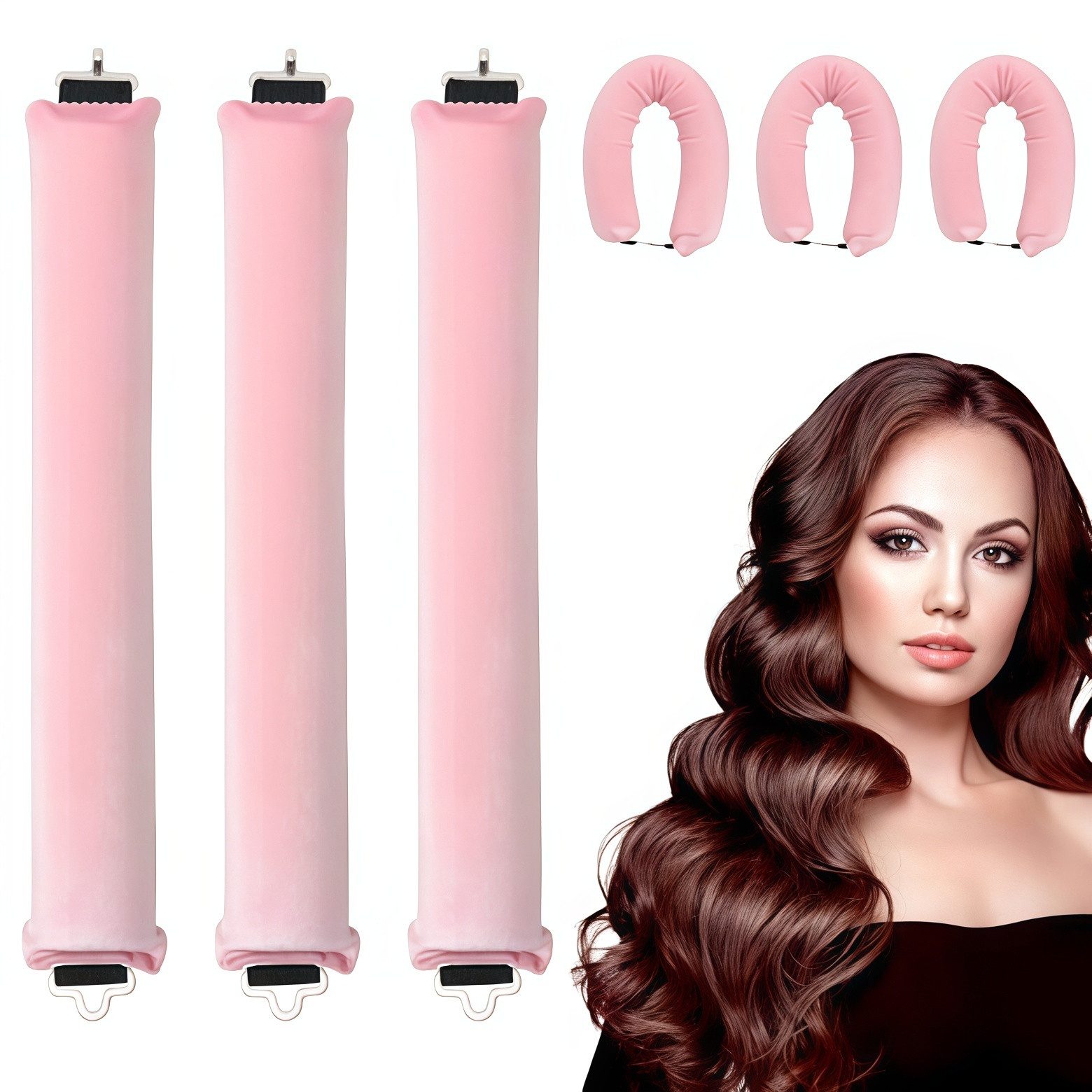 FOUORTUNATE-BEE Lockenwickler 3-teiliges hitzefreies Lockenwickler-Set für über Nacht, 3 tlg., Samt-Lockenwickler in Rosa für kurze und lange Haare