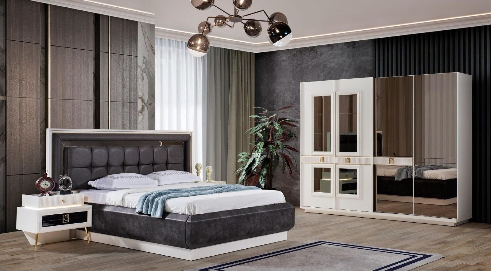 JVmoebel Schlafzimmer-Set Schlafzimmer Set Design Modern Luxus Möbel Bett 2x Nachttische Neu, (Bett / 2x Nachttische / Kleiderschrank, 4-St)