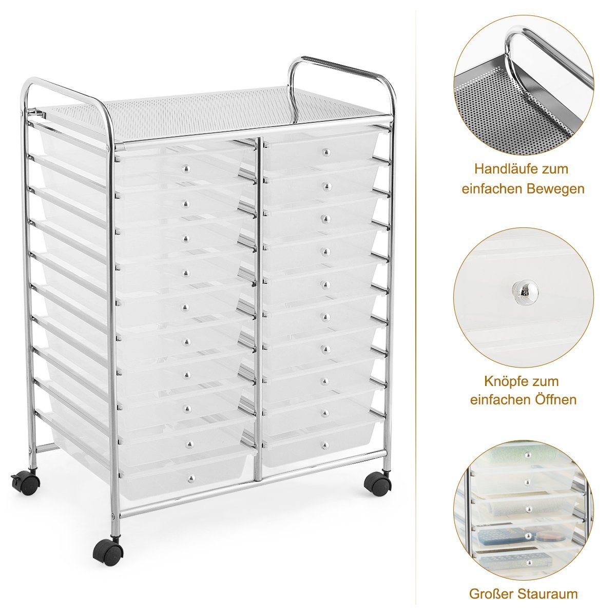 COSTWAY x stapelbaren 88 Rollwagen, cm Schubladen, mit 39 x 63 Transparent 20