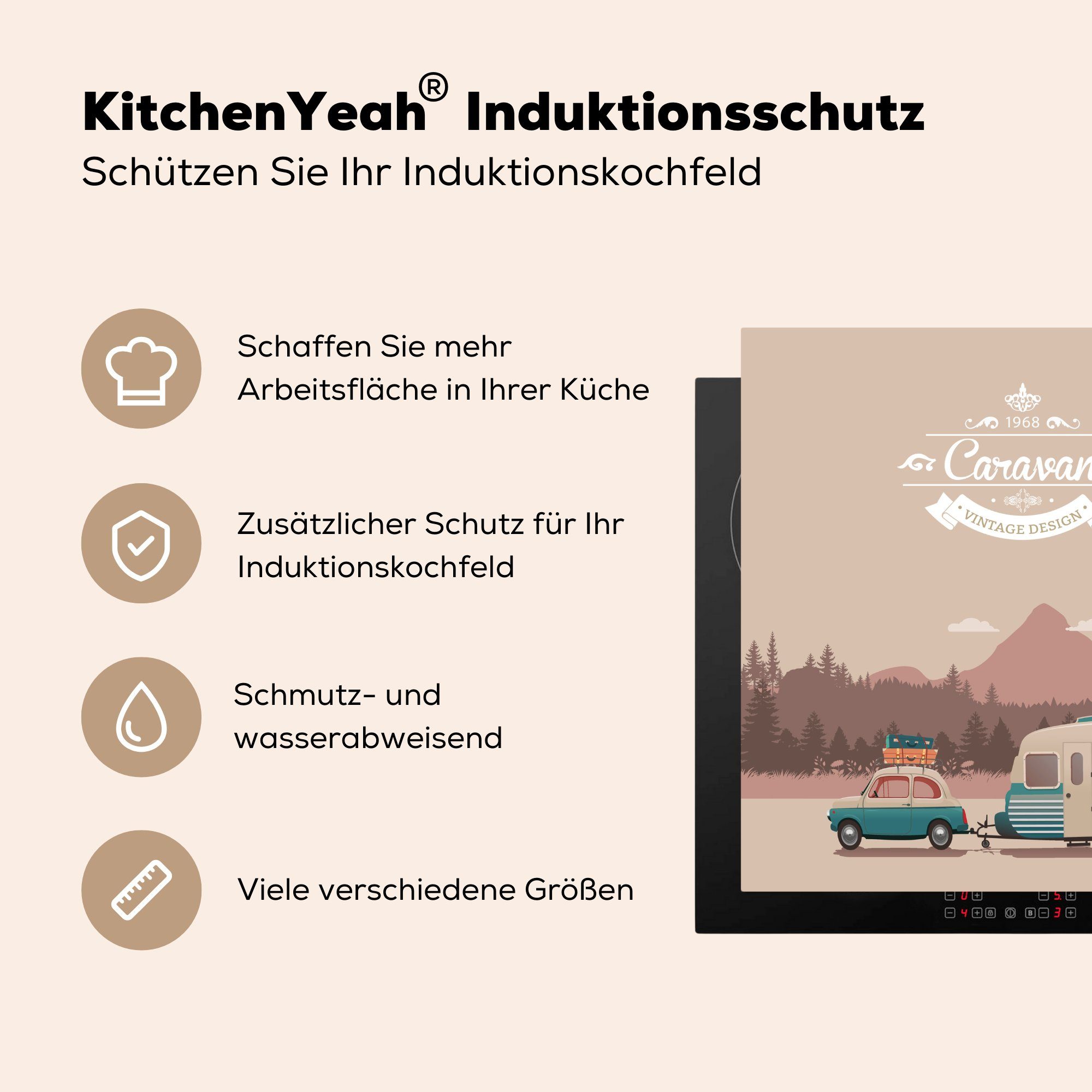 MuchoWow Herdblende-/Abdeckplatte 78x78 eines Illustration mit küche Autos für cm, Arbeitsplatte (1 Wohnmobil, Vinyl, Ceranfeldabdeckung, tlg)