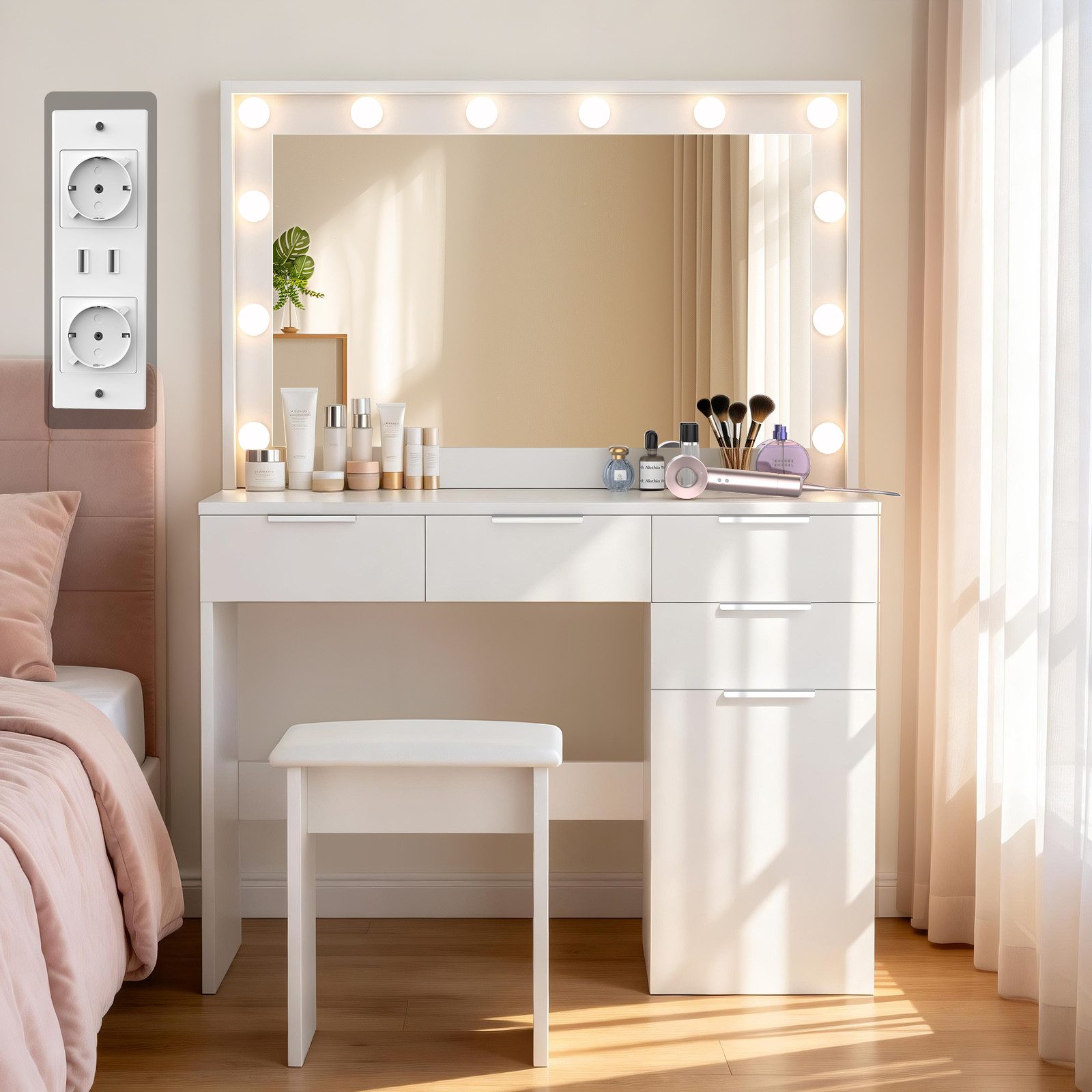 oyajia Schminktisch mit Spiegel und LED-Leuchten, Steckdosenleiste, Schubladen (1 Schränke, 12 dimmbare Glühbirnen, 3 Lichtfarben), Mit Hocker,für Ihr perfektes Make-up-Erlebnis