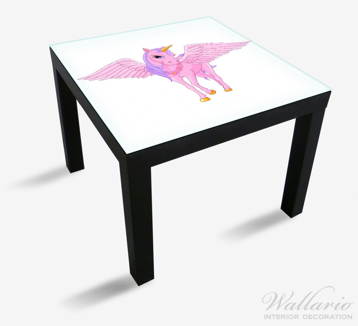 Wallario Tischplatte Rosa Einhorn mit für Flügeln großen geeignet St), Tisch (1 Lack Ikea