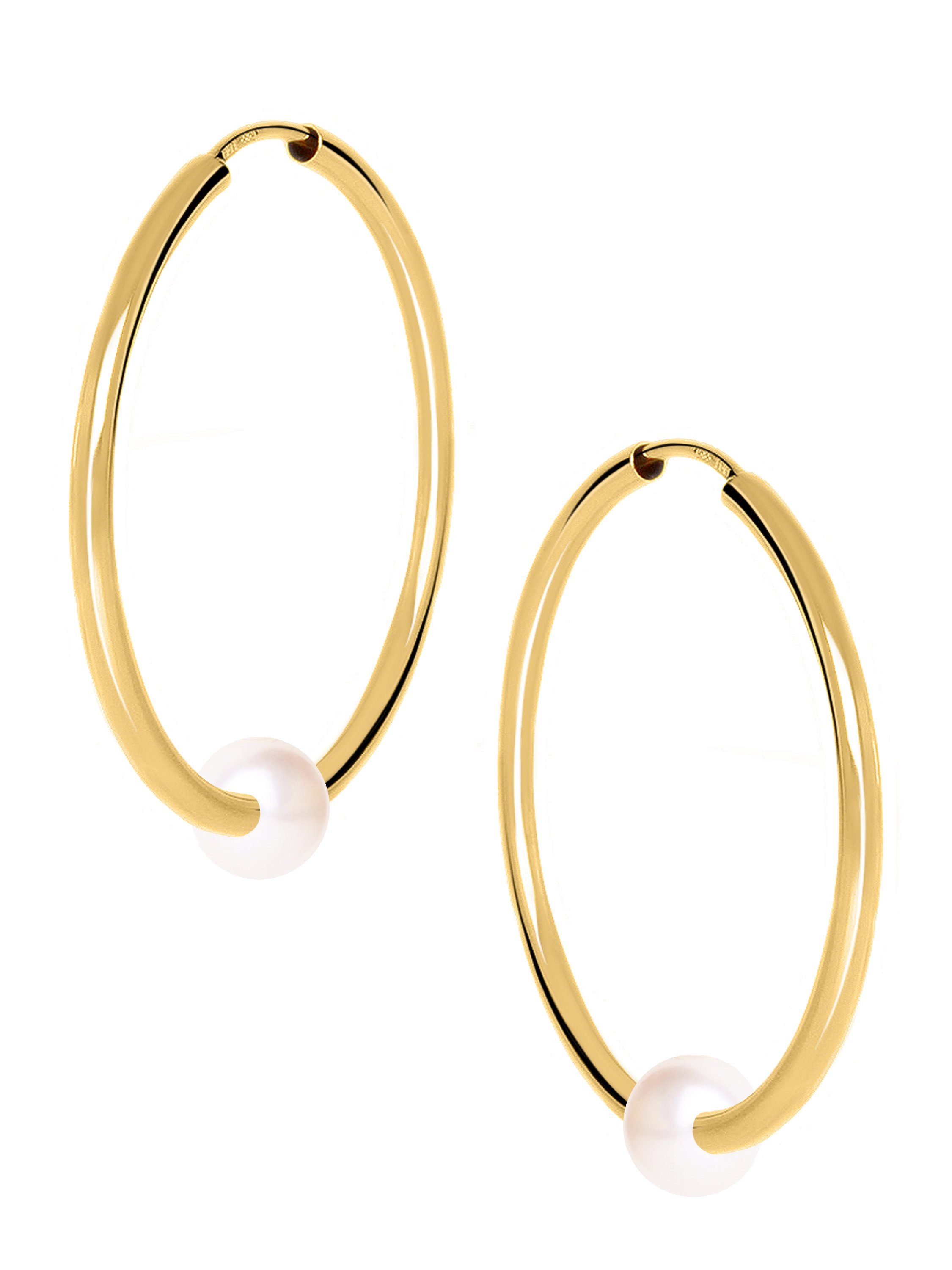 My Gold Paar Creolen Damen Ohrringe mit Perlen Gelbgold 585 Gold (14 Karat) Ø 40mm - Pearly (Set, 4-tlg., inkl. Schmuckbox), Geschenke