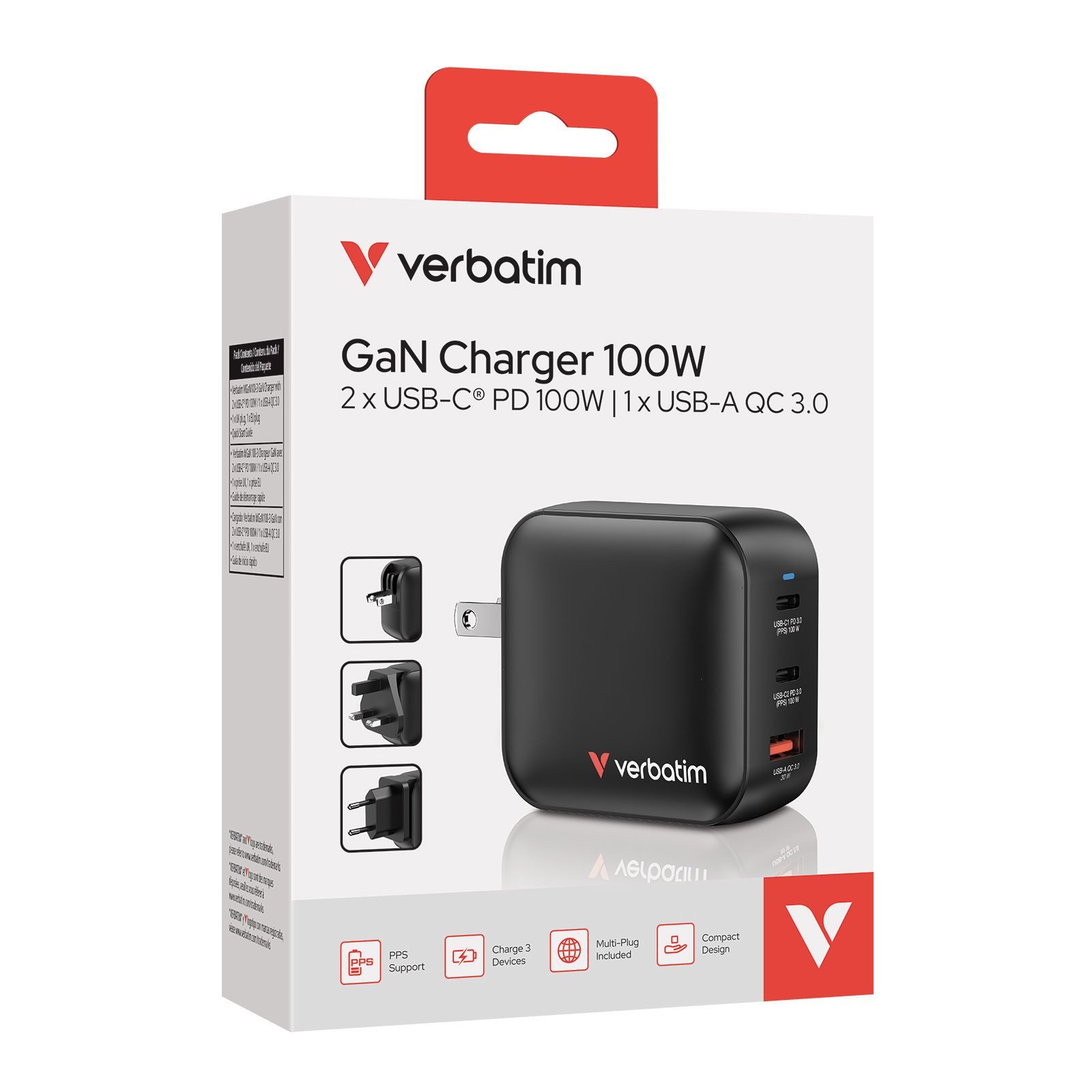 Verbatim GaN Charger 100W, Drinnen, AC, Schwarz Smartphone-Ladegerät