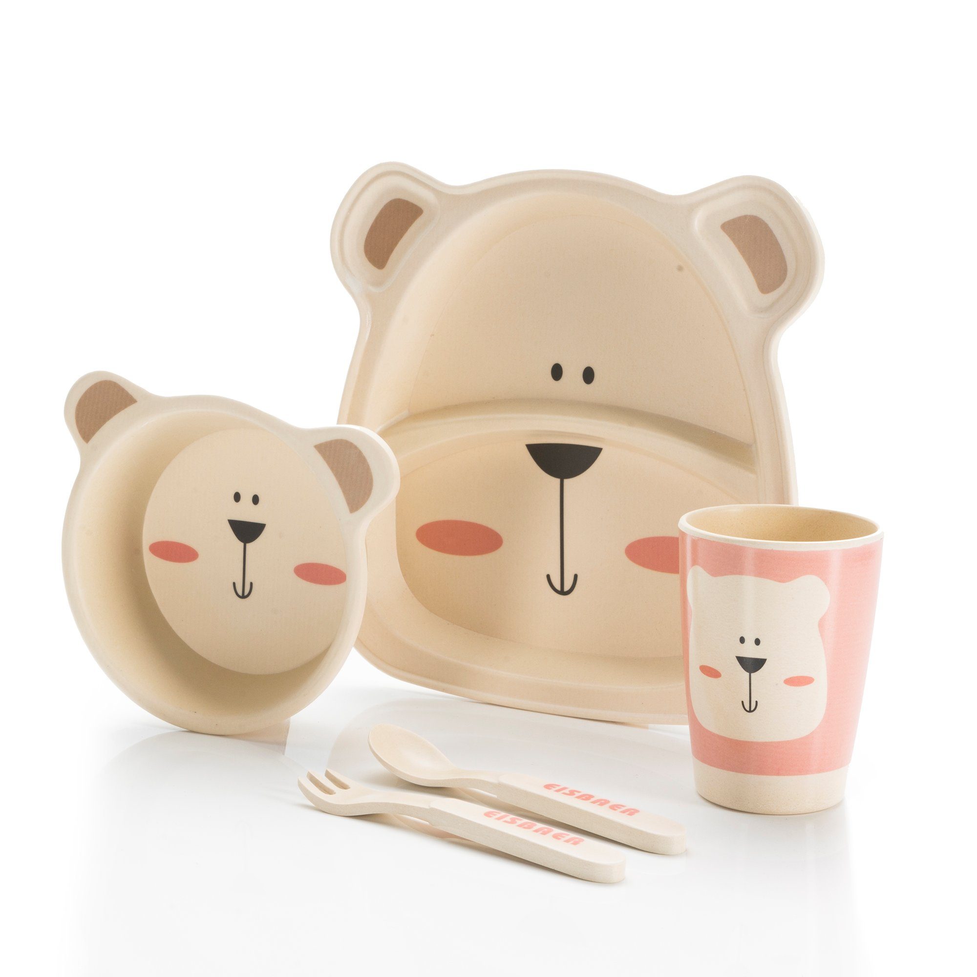 all Kids United Kindergeschirr-Set ALL KIDS UNITED 5-tlg. Kindergeschirr-Set mit Tier-Motiv (5-tlg), BPA-freier Kunststoff, Teller, Schüssel, Besteck, Becher