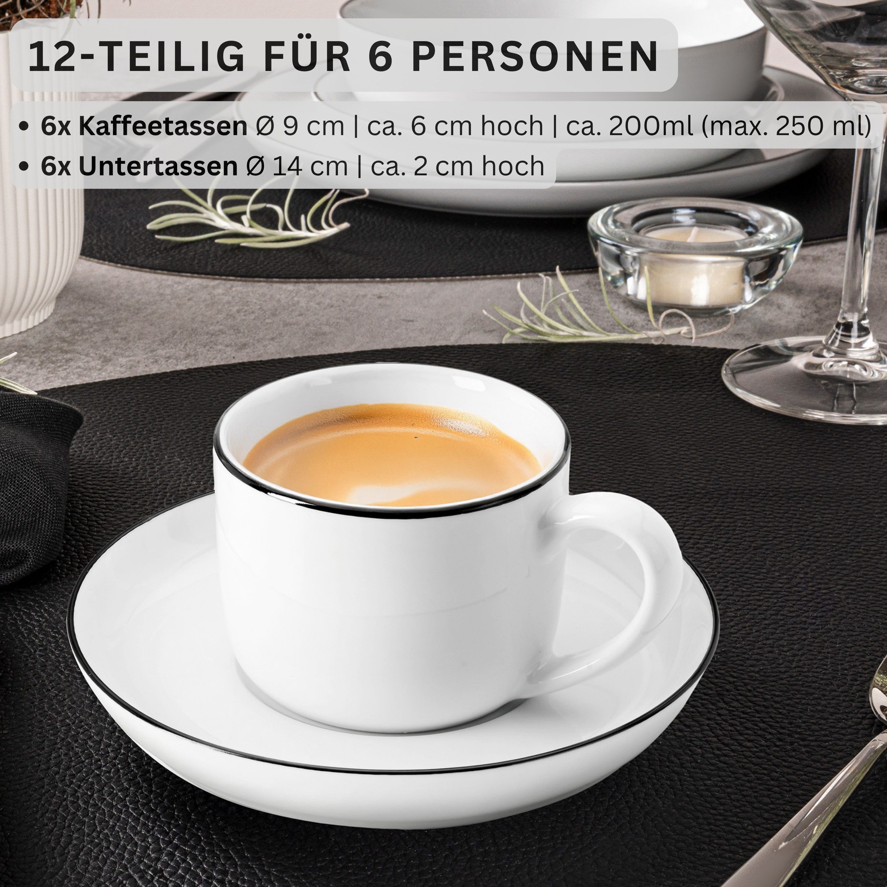 SÄNGER Kaffeeservice Marlo Kaffeetassen Set (12-tlg), 6 Personen, Porzellan, Weiß mit schwarzen Akzenten, Black Rim, Premium Collection