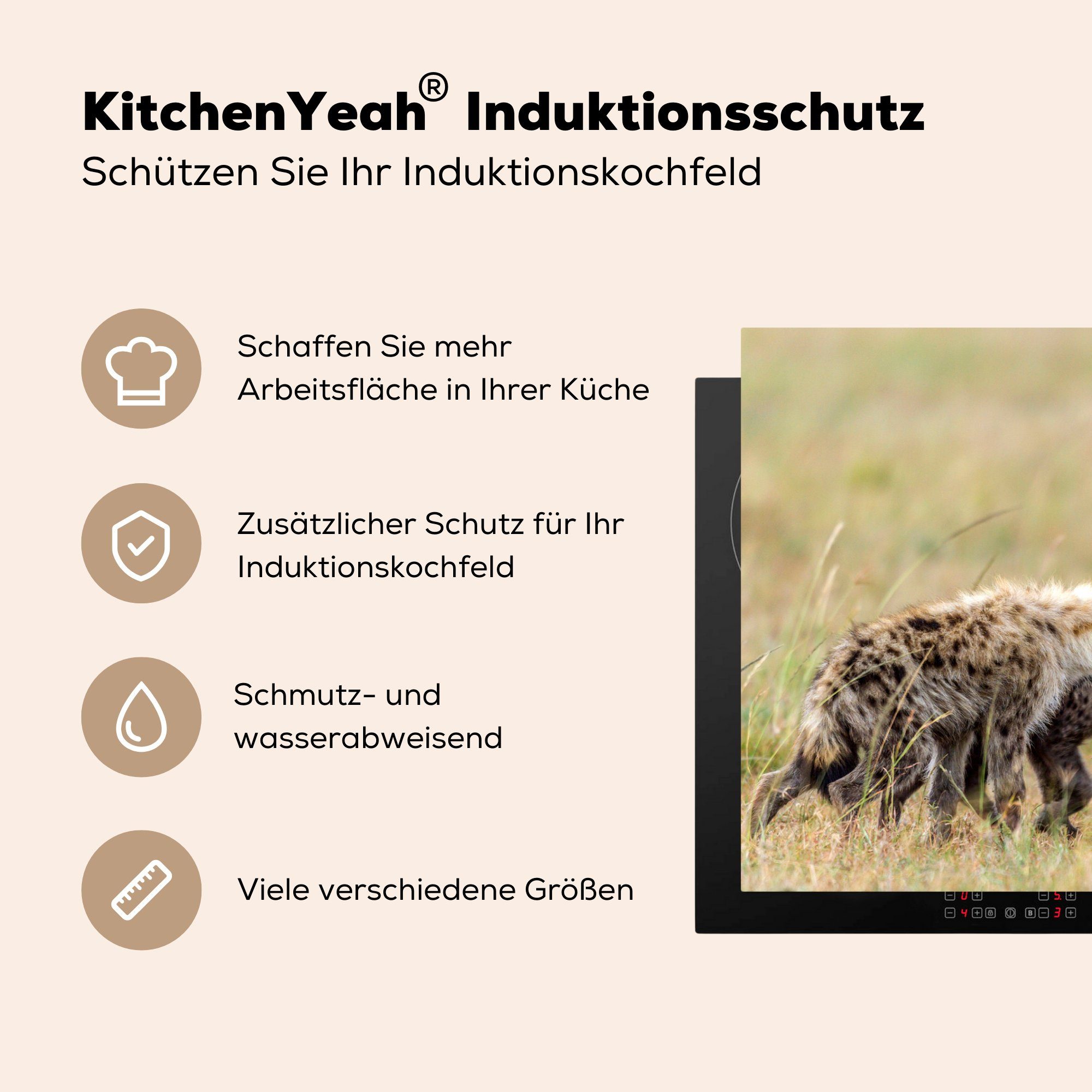 MuchoWow Herdblende-/Abdeckplatte Hyäne - Gras küche, die Induktionskochfeld Ceranfeldabdeckung cm, für - 81x52 Schutz Safari, tlg), Vinyl, (1