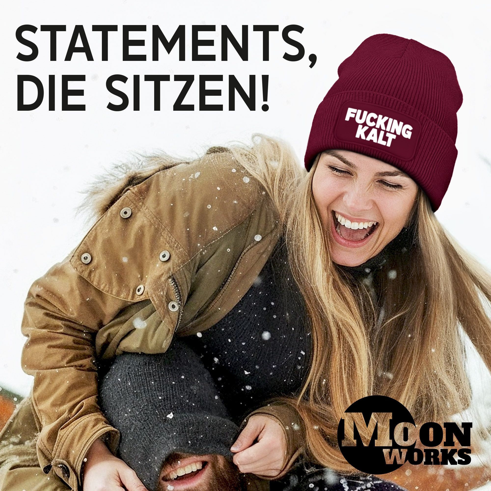 MoonWorks Strickmütze Damen Beanie mit Patch Strickmütze mit Spruch Kalt Wintermütze