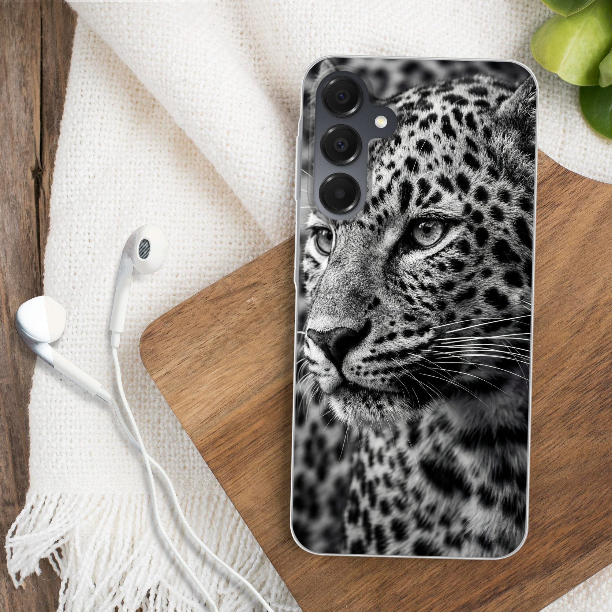 MuchoWow Handyhülle für Samsung Galaxy A16 5G Leopard - Schwarz - Weiß - Auge, Phone Case, Silikon, Schutzhülle Dünn