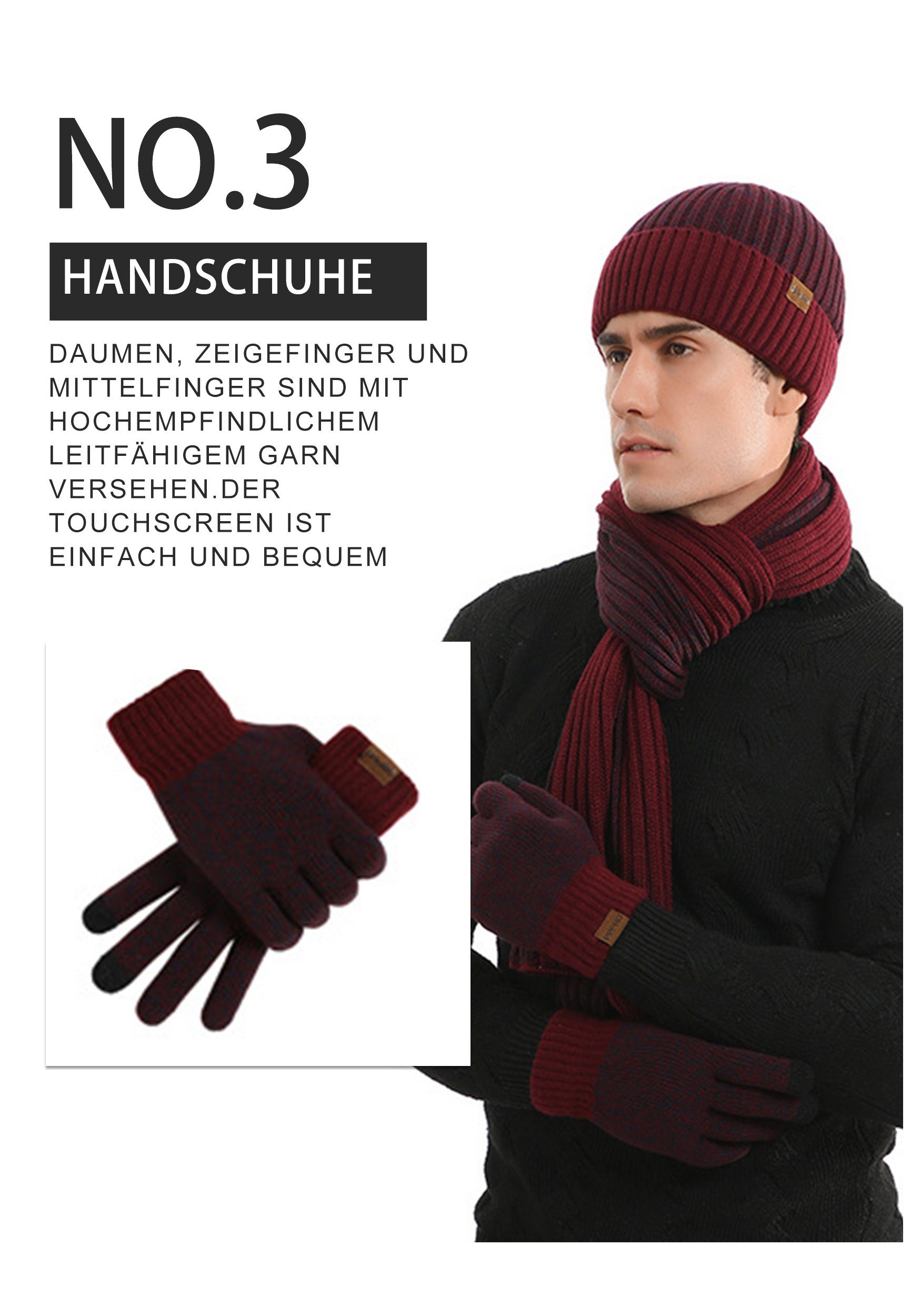 warm Stück verdickte Winter Weinrot Hut Handschuhe drei Strickmütze Weich MAGICSHE Schal Set