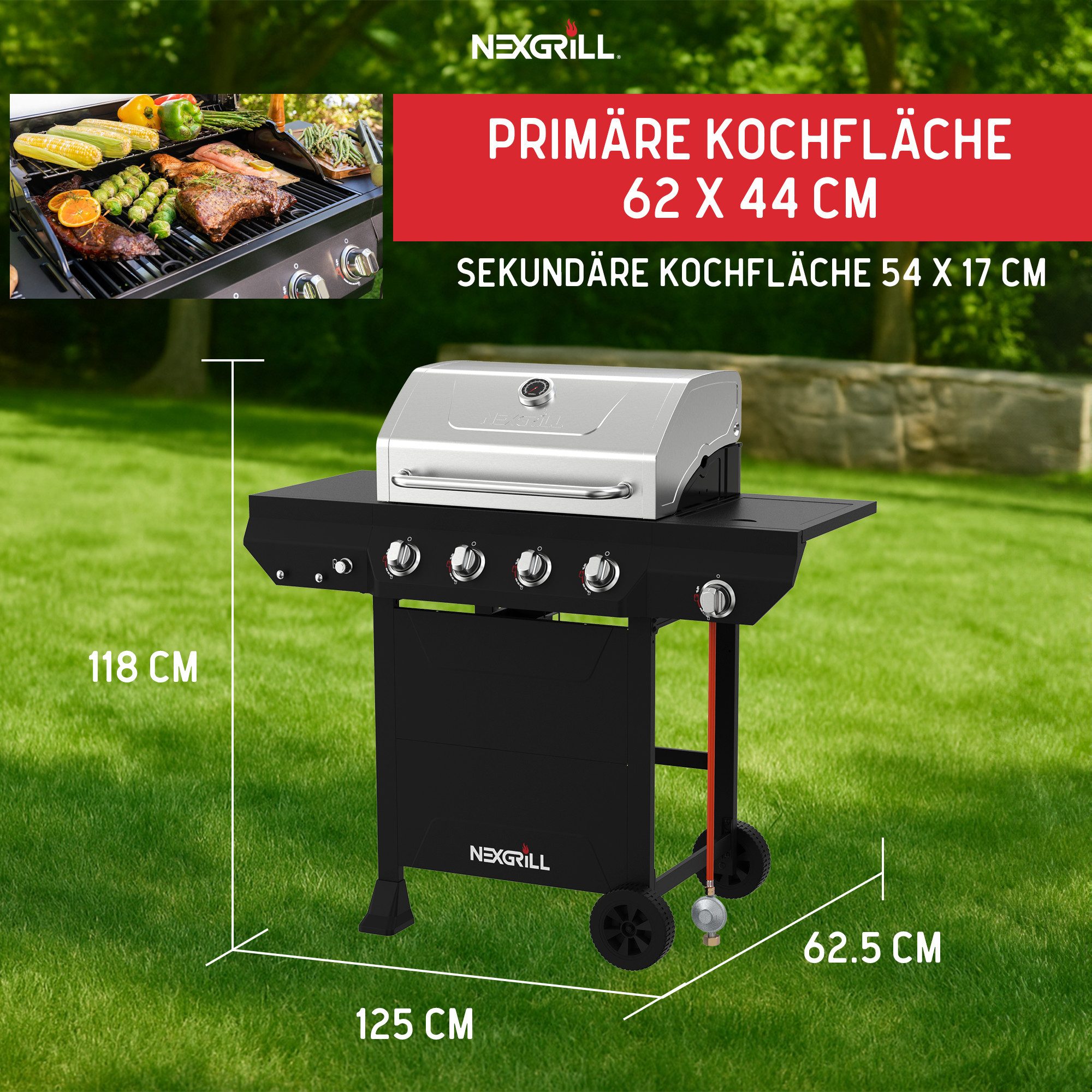 nexgrill Gasgrill Classic 4B 4+1 Brenner, Grillwagen 14,4 kW, mit Seitenkochfeld 2,5 kW, BxTxH: 124 x 118 x 61 cm