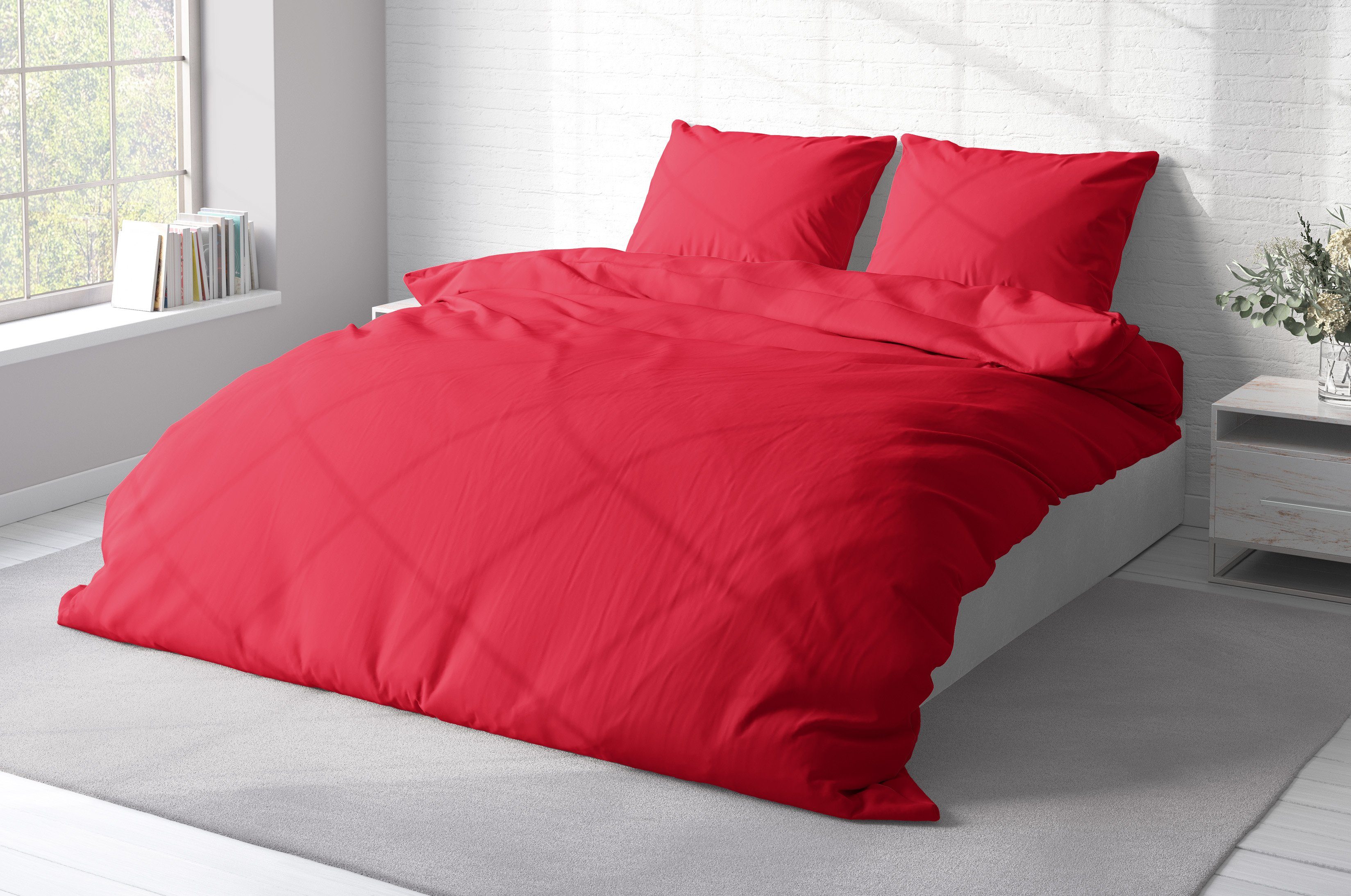 Home, Reißverschluss, teilig, Bettwäsche rot Einfarbig, 3 mit Renforcé, Doppelbett One Unifarben Baumwolle