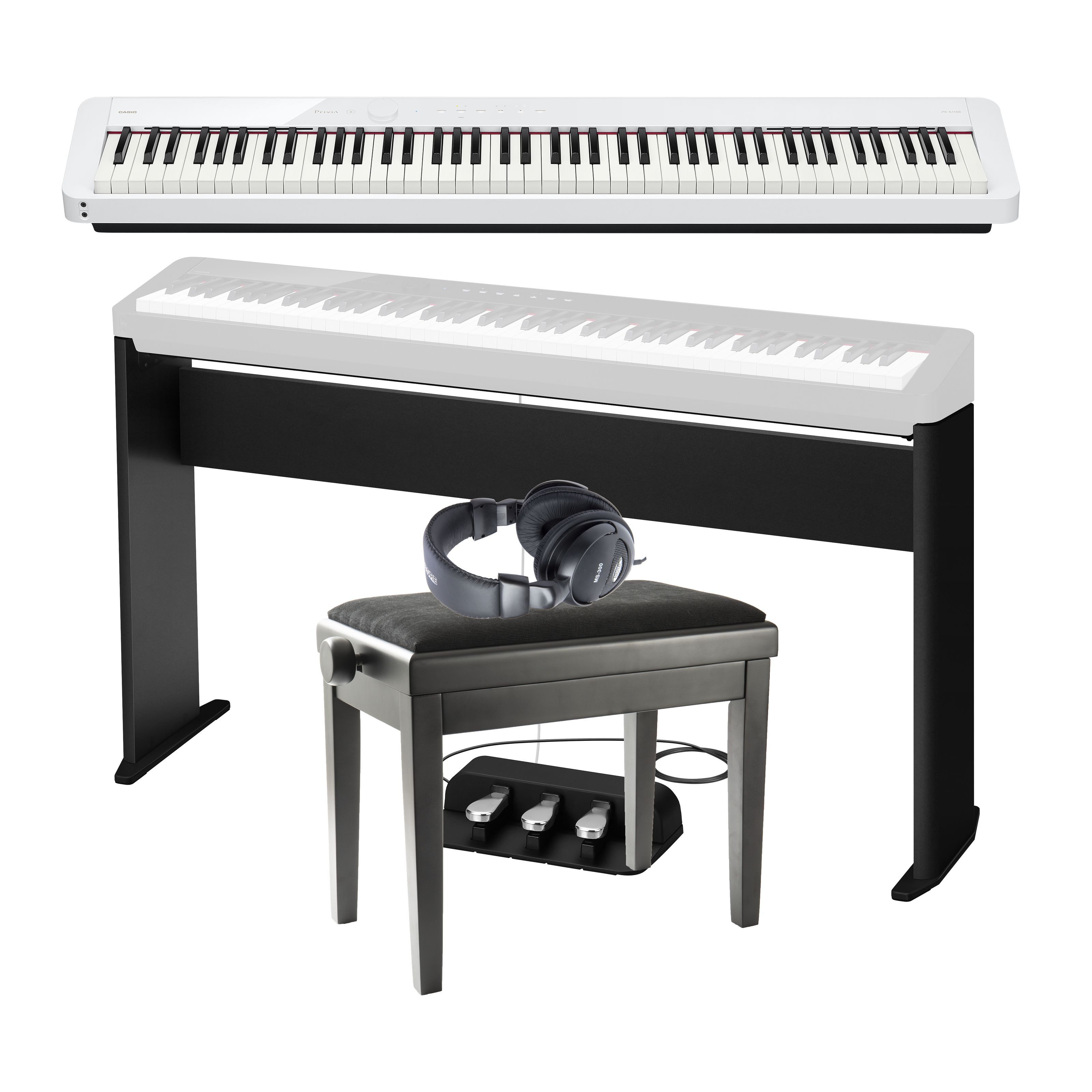 CASIO Stagepiano (PX-S1100 WH Deluxe Stagepiano Set 88 Hammermechanik-Tasten 192-stimmige Polyphonie 18 Sounds USB MIDI Audio Recorder Effektprozessor Keyboardständer Sustain Pedal Klavierbank Kopfhörer, Stage Pianos, Stage Piano-Sets), PX-S1100 WH Deluxe - Stagepiano-Set