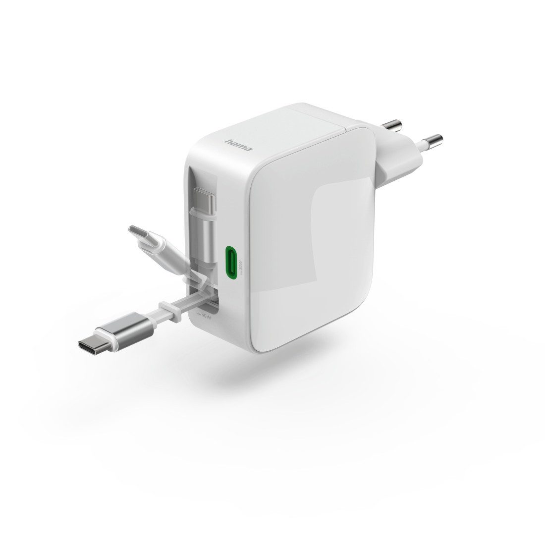 Hama Schnellladegerät mit ausziehbarem Ladekabel, 2x USB-C, 65 W, Weiß Schnelllade-Gerät (Power Delivery, Fast Charge, GaN-Technologie, USB-C-Kabel integriert)