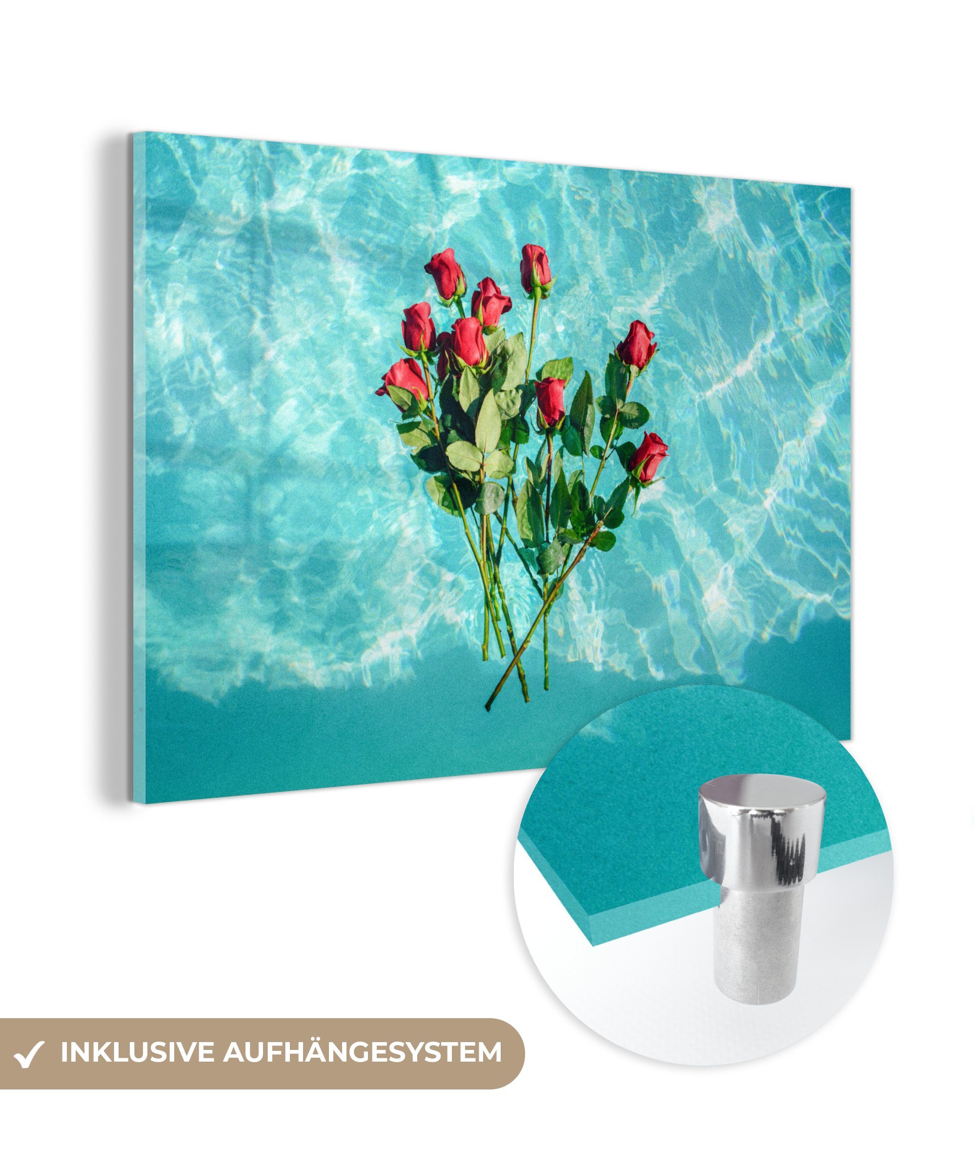 MuchoWow Acrylglasbild Rosen - Wasser - Blumen, (1 St), Acrylglasbilder Wohnzimmer & Schlafzimmer