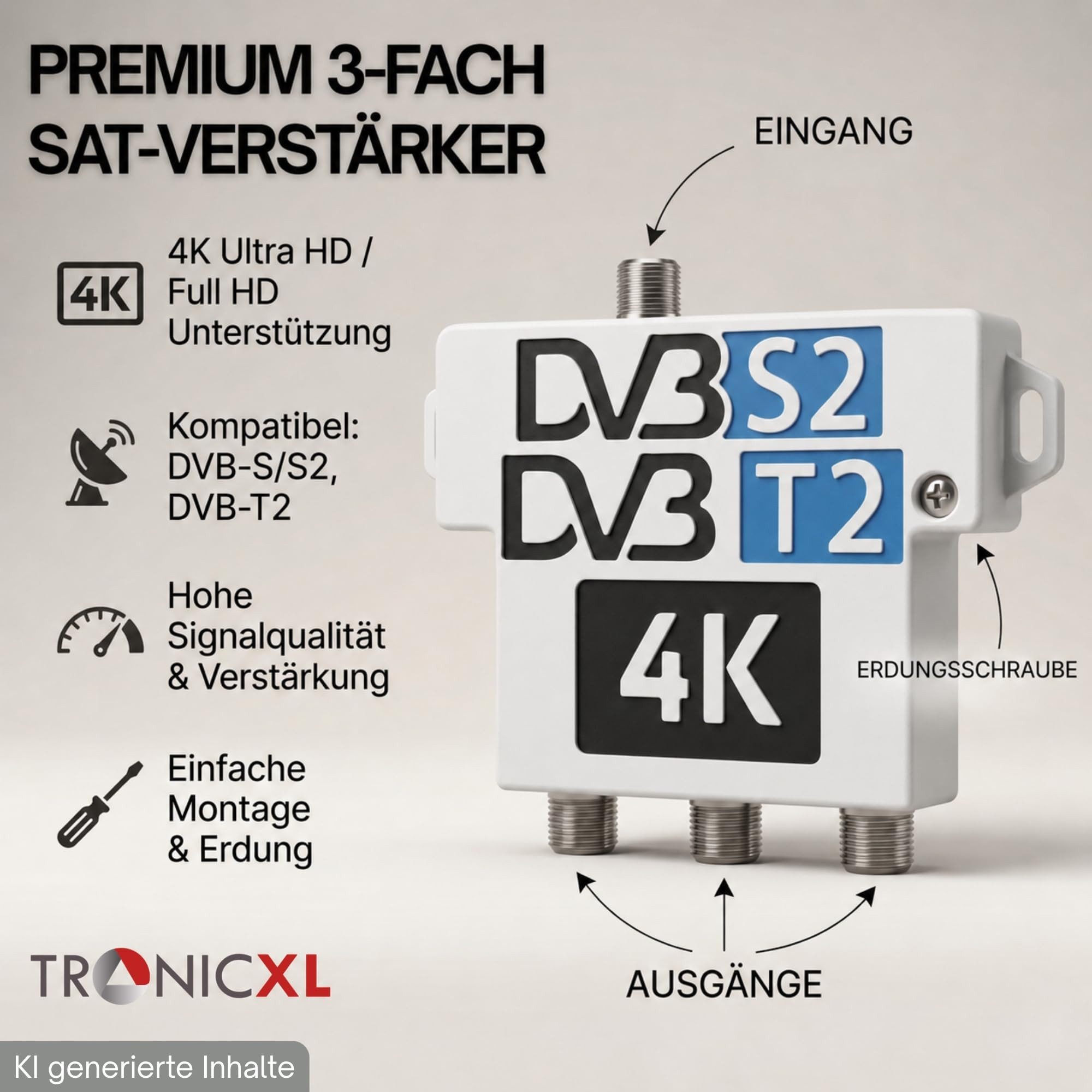 TronicXL 3-fach Verstärker Sat Splitter verteiler DVB-S2 DVB-T2 Antenne DVBT Leistungsverstärker (Antennenverstärker Antennenverteiler) – Bild 2 von 5