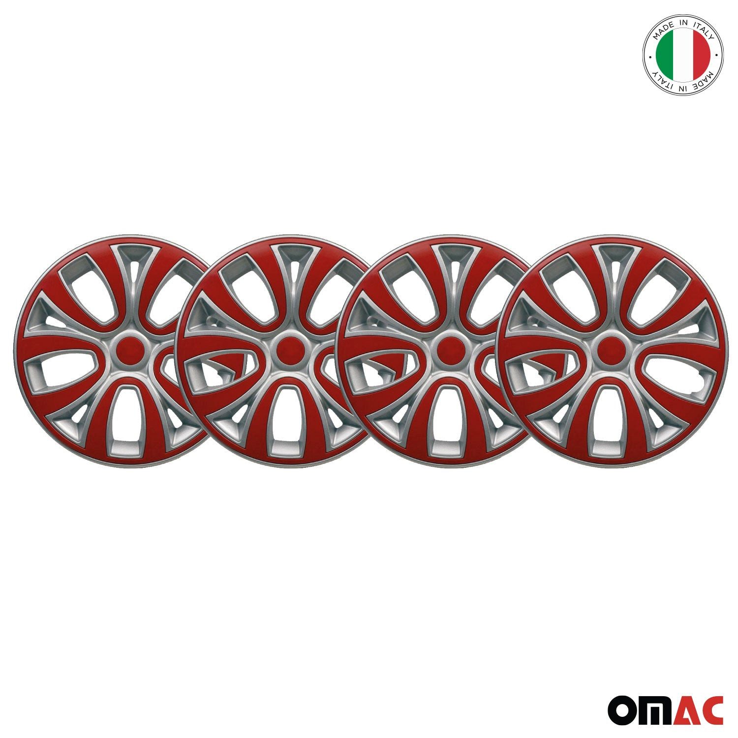 OMAC Wheel Covers 14 inch Grey & Red 4-piece set, (4-pcs) Easy installation, lightweight, car wash safe