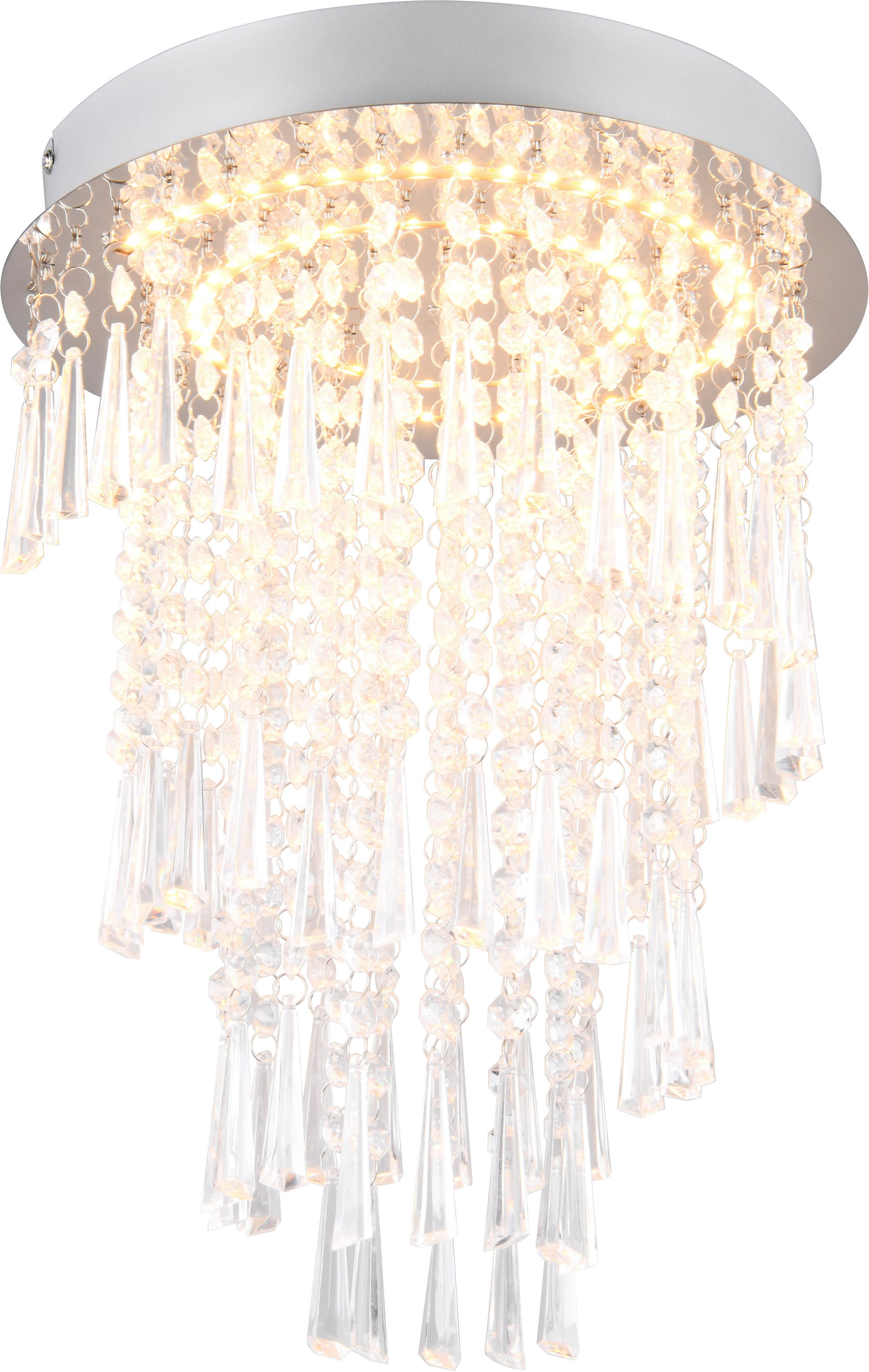 Reality Leuchten LED Deckenleuchte POMP, LED Deckenlampe 18W 2400 Lumen CCT 2700-6500K Ø 30cm H.40cm, CCT - über Fernbedienung, Dimmfunktion, Memoryfunktion, mehrere Helligkeitsstufen, LED fest integriert, Farbwechsler, warmweiß - kaltweiß, chromfarbige Deckenleuchte mit glitzerndem Acryl Behang, Fernbedienung
