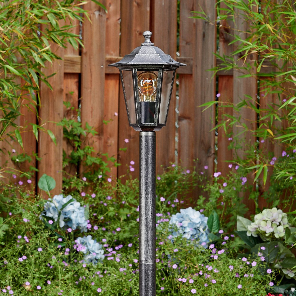 hofstein Pollerleuchte Wegeleuchte aus Metall/Glas in Schwarz-Silber/Klar, ohne Leuchtmittel, antike Außenleuchte, Gartenlampe, Gartenbeleuchtung IP44, 1 x E27