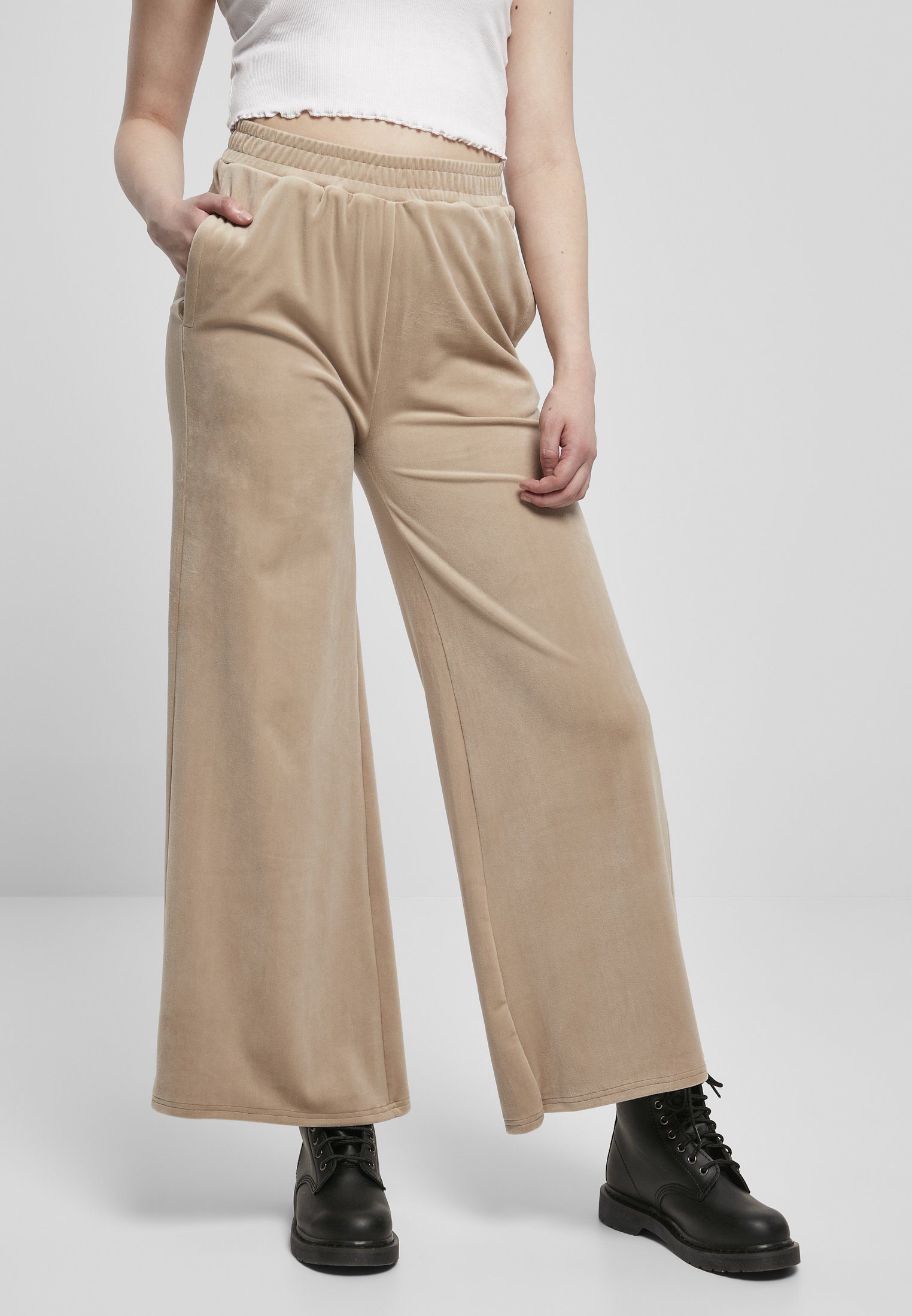 URBAN CLASSICS Stoffhose Damen Ladies High Waist Straight Velvet Sweatpants (1-tlg) softtaupe | Stoffhosen