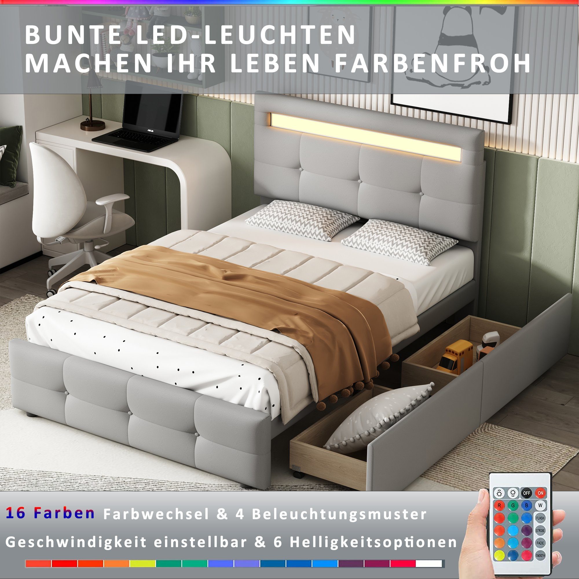 HAUSS SPLOE Bett Einzelbett Funktionsbett grau 2 LED-Leuchten, flach) hautfreundlicher (mit Bettrahmen KInderbett Schubladen, Leinenpolsterung