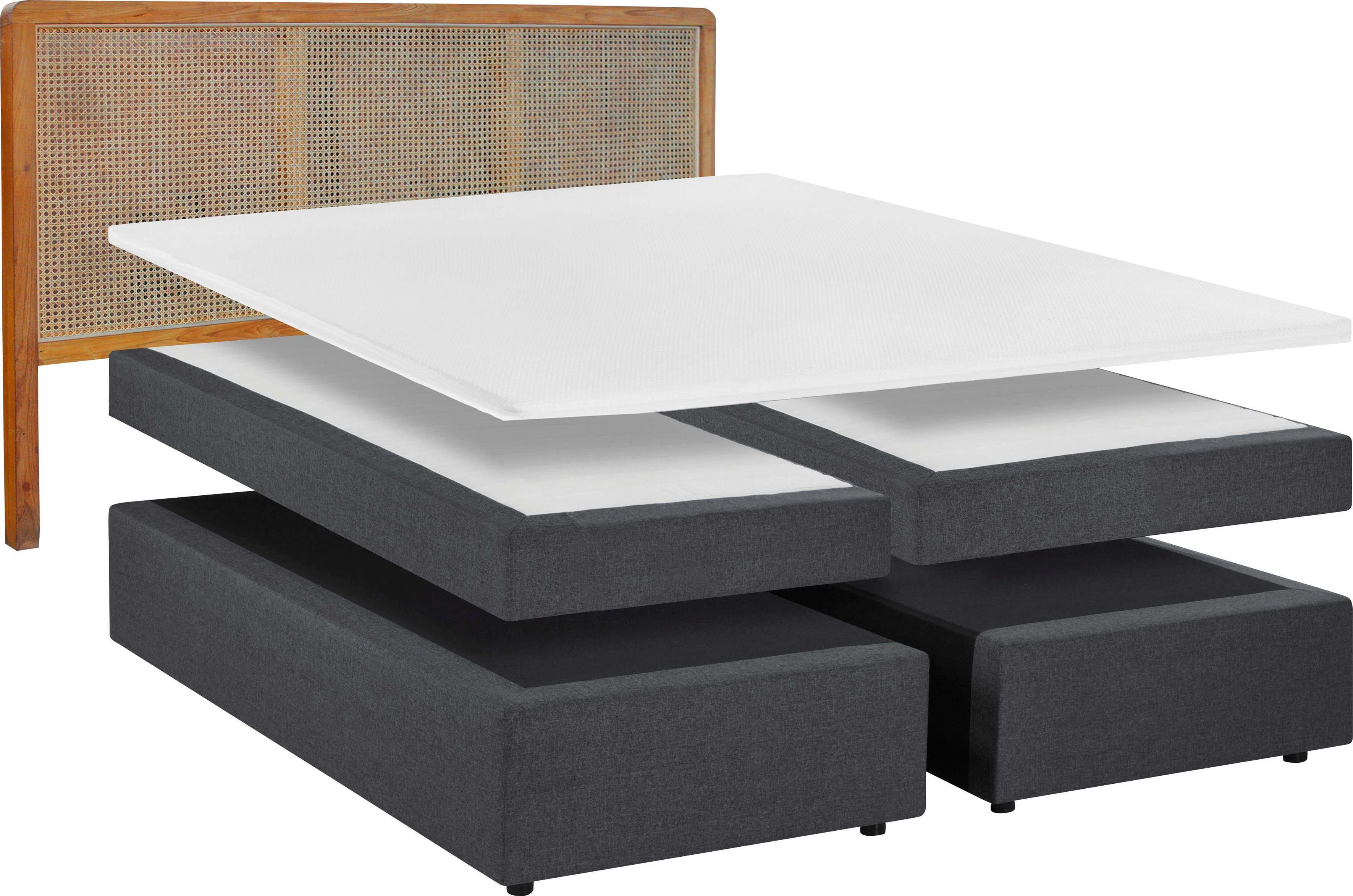 SIT Boxspringbett 180x200 cm mit Teak-Rattan-Kopfteil und Topper, Kopfteil aus Teakholz mit handgeflochtenem Rattan-Geflecht