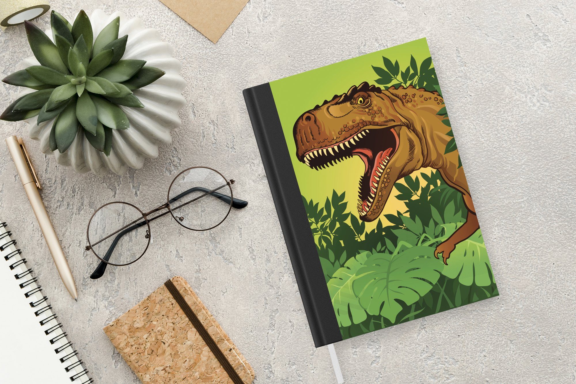 - Dinosaurier - Junge, - Braun Merkzettel, Kinder Tagebuch, 98 Notizheft, A5, Illustration - Pflanzen - MuchoWow - Notizbuch Haushaltsbuch Baby Seiten, Journal,